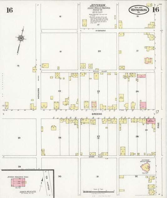 Sanborn Fire Insurance Map from Waynesburg, Greene County, Pennsylvania (1925), Sheet #0016 - Historic Sanborn Fire Insurance Map Print, vintage old map wall art, antique decor, genealogy gift, Pennsylvania Pennsylvania map