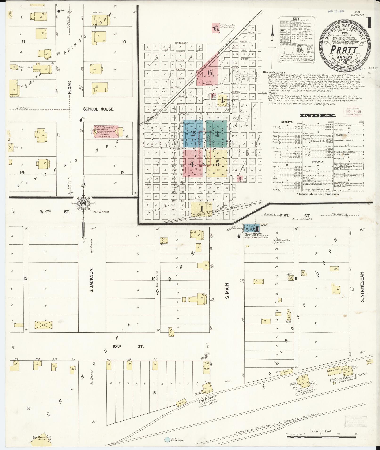 Sanborn Fire Insurance Map from Pratt, Pratt County, Kansas (1911), Sheet #0001 - Historic Sanborn Fire Insurance Map Print, vintage old map wall art, antique decor, genealogy gift, Kansas Kansas map