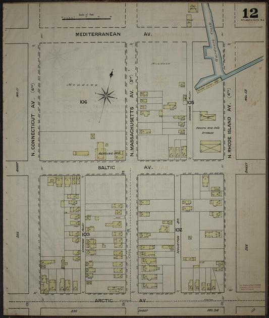 Sanborn Fire Insurance Map from Atlantic City, Atlantic County, New Jersey (1886), Sheet #0012 - Historic Sanborn Fire Insurance Map Print, vintage old map wall art, antique decor, genealogy gift, New Jersey New Jersey map
