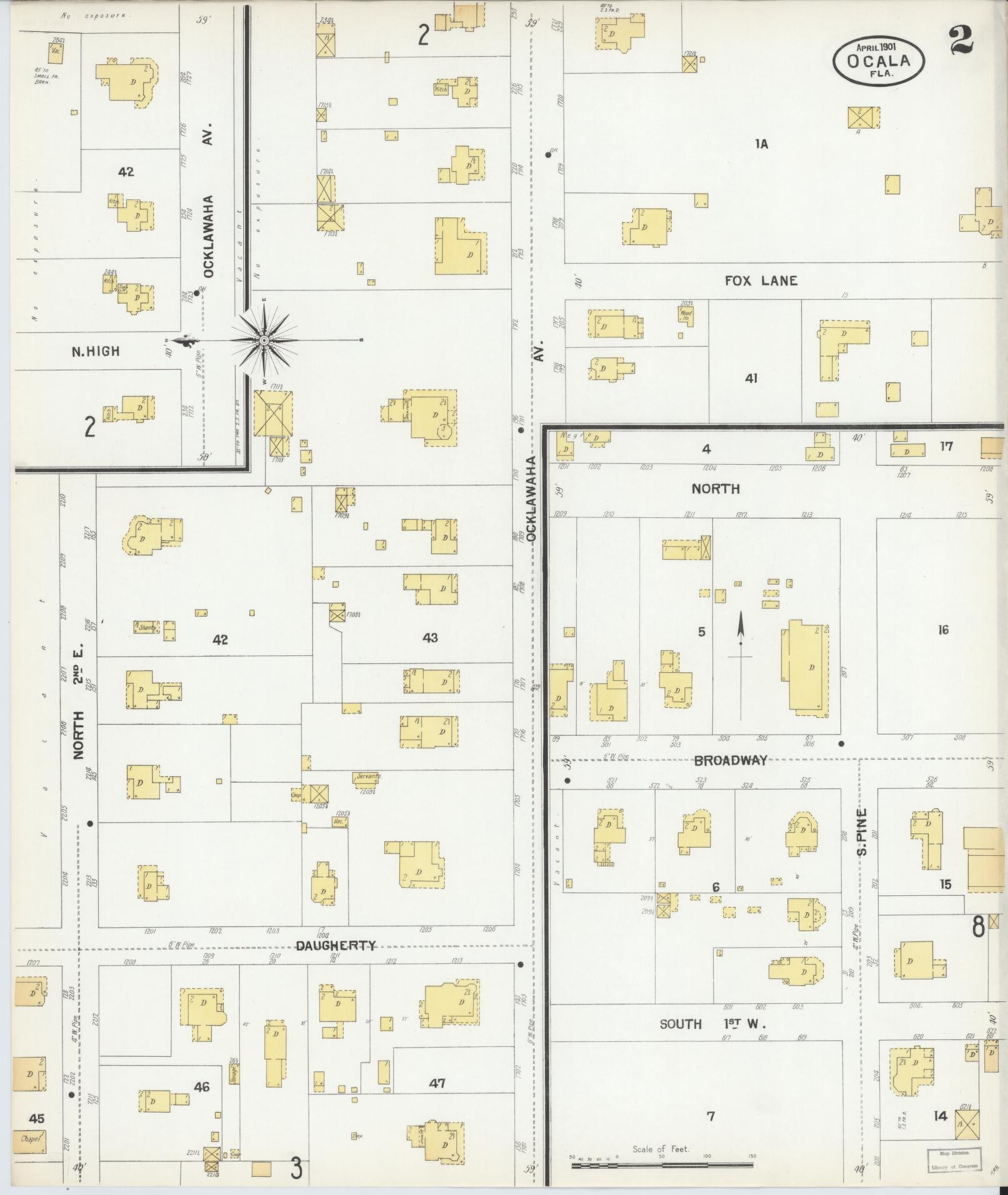 Sanborn Fire Insurance Map from Ocala, Marion County, Florida (1901), Sheet #0002 - Complete Map Set gallery image, historic Sanborn map, vintage wall art, Florida Florida