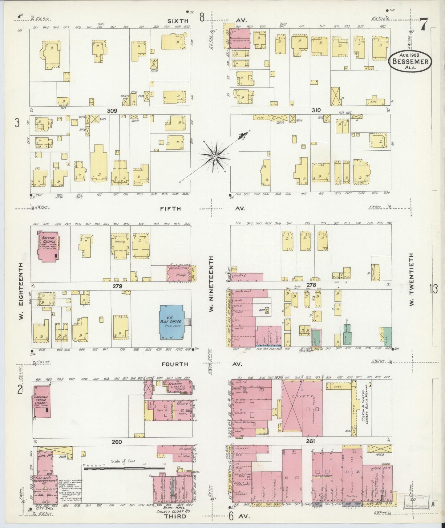 Sanborn Fire Insurance Map from Bessemer, Jefferson County, Alabama (1908), Sheet #0007 - Complete Map Set gallery image, historic Sanborn map, vintage wall art, Alabama Alabama