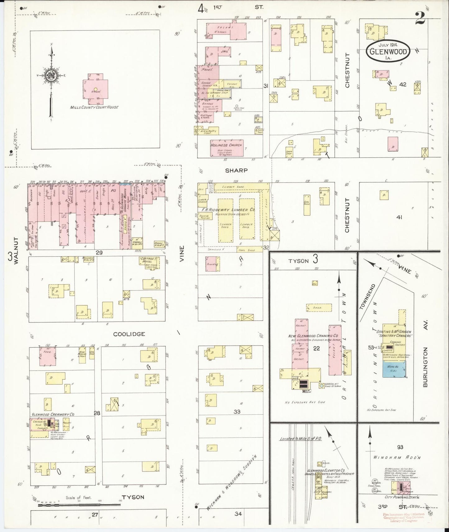Sanborn Fire Insurance Map from Glenwood, Mills County, Iowa (1914), Sheet #0002 - Historic Sanborn Fire Insurance Map Print, vintage old map wall art