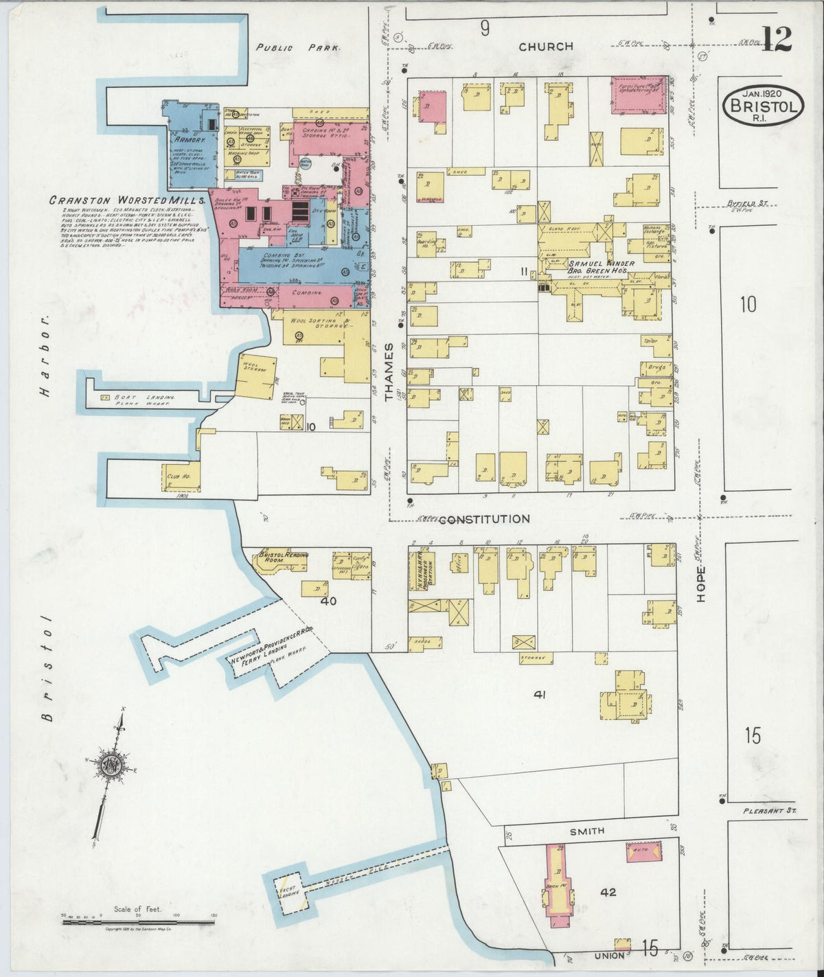 Sanborn Fire Insurance Map from Bristol, Bristol County, Rhode Island (1920), Sheet #0012 - Historic Sanborn Fire Insurance Map Print, vintage old map wall art, antique decor, genealogy gift, Rhode Island Rhode Island map