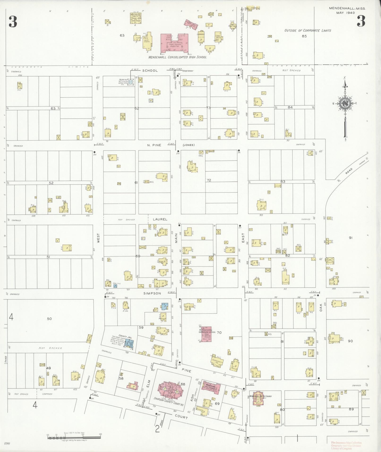 Sanborn Fire Insurance Map from Mendenhall, Simpson County, Mississippi (1940), Sheet #0003 - Complete Map Set gallery image, historic Sanborn map, vintage wall art, Mississippi Mississippi