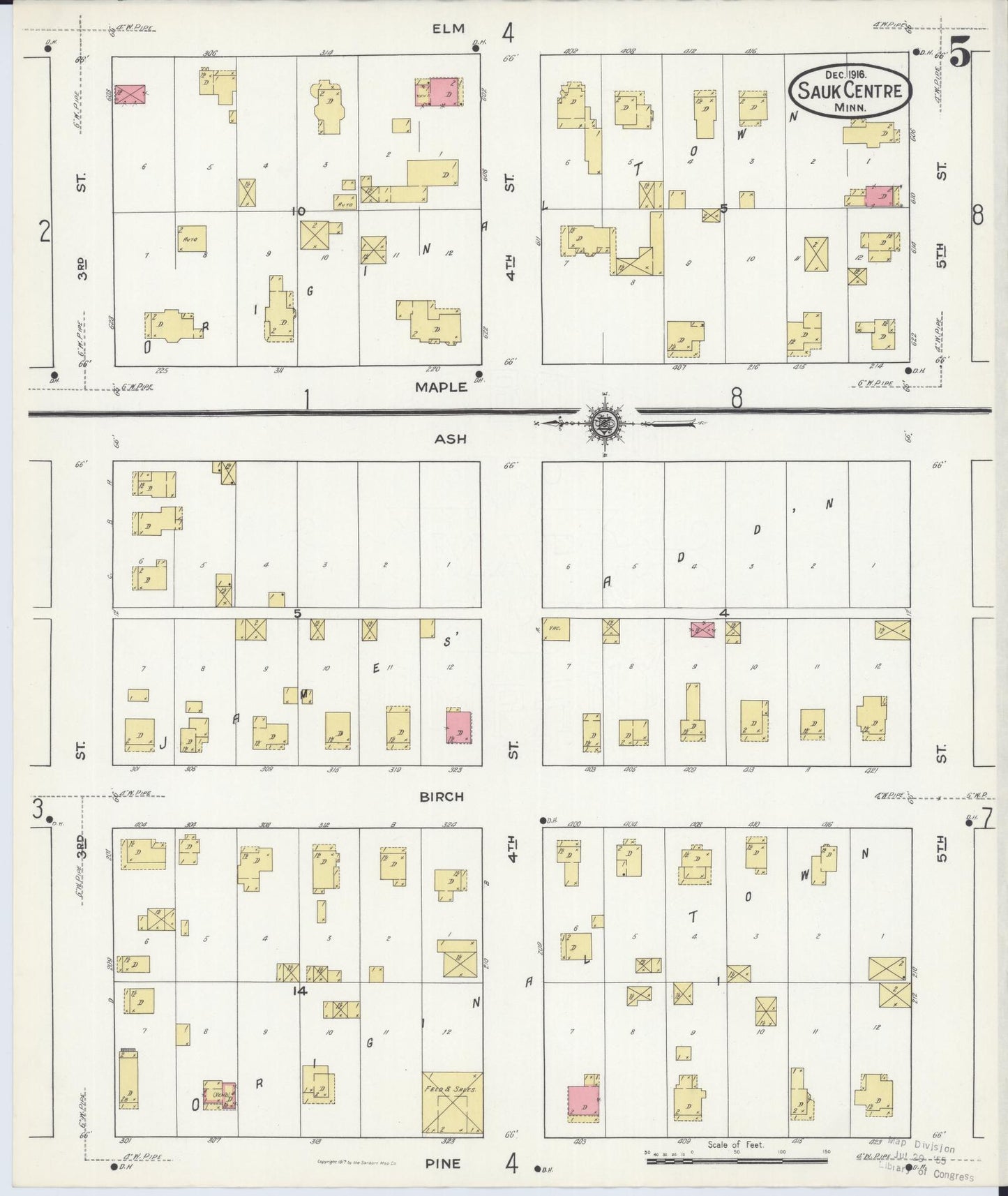 Sanborn Fire Insurance Map from Sauk Centre, Stearns County, Minnesota (1916), Sheet #0005 - Complete Map Set gallery image, historic Sanborn map, vintage wall art, Minnesota Minnesota
