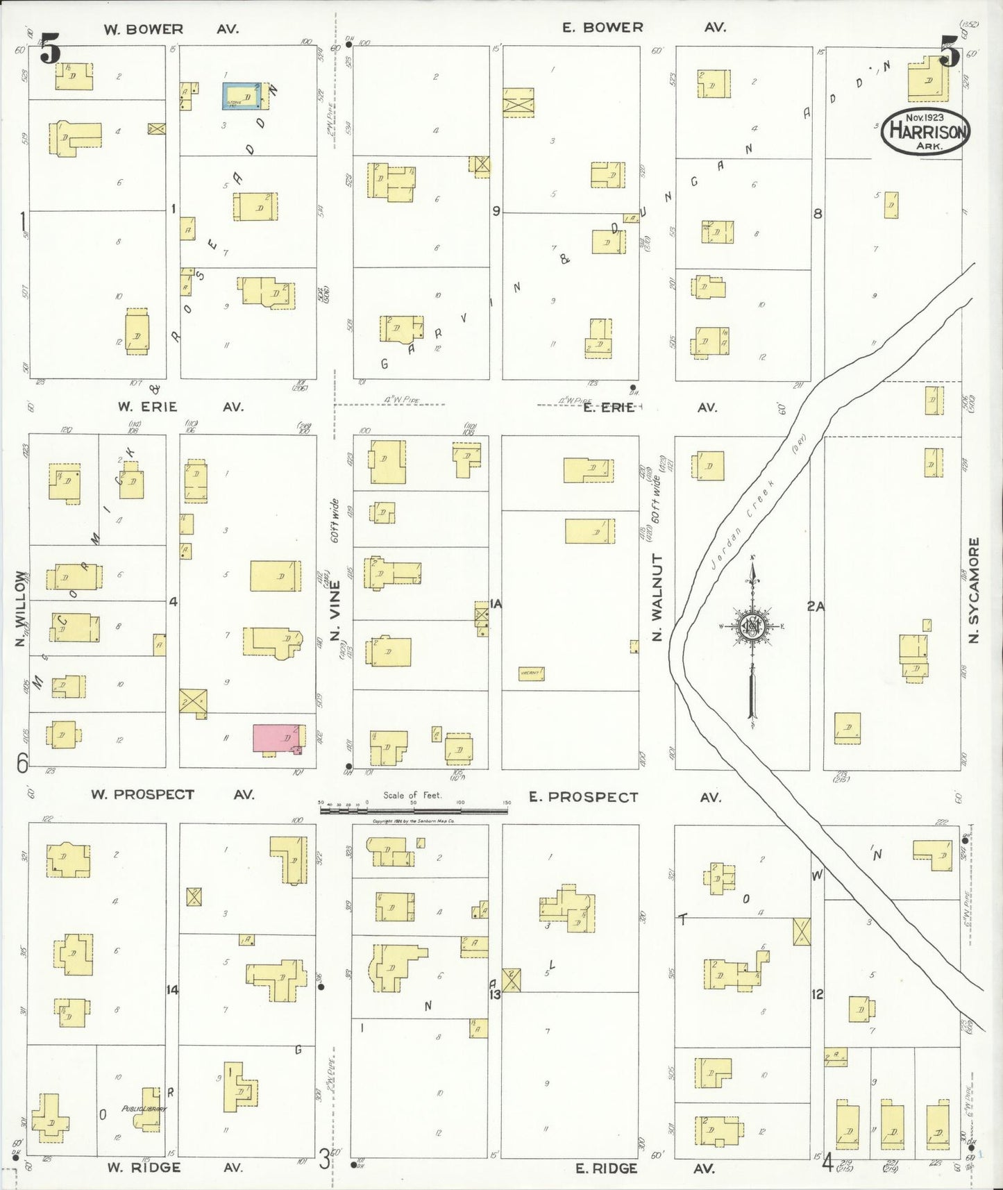 Sanborn Fire Insurance Map from Harrison, Boone County, Arkansas (1923), Sheet #0005 - Historic Sanborn Fire Insurance Map Print, vintage old map wall art, antique decor, genealogy gift, Arkansas Arkansas map