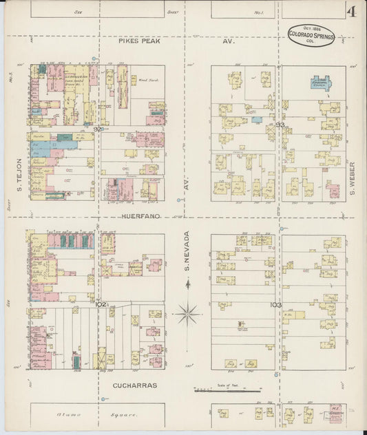 Sanborn Fire Insurance Map from Colorado Springs, El Paso County, Colorado (1886), Sheet #0004 - Historic Sanborn Fire Insurance Map Print, vintage old map wall art, antique decor, genealogy gift, Colorado Colorado map