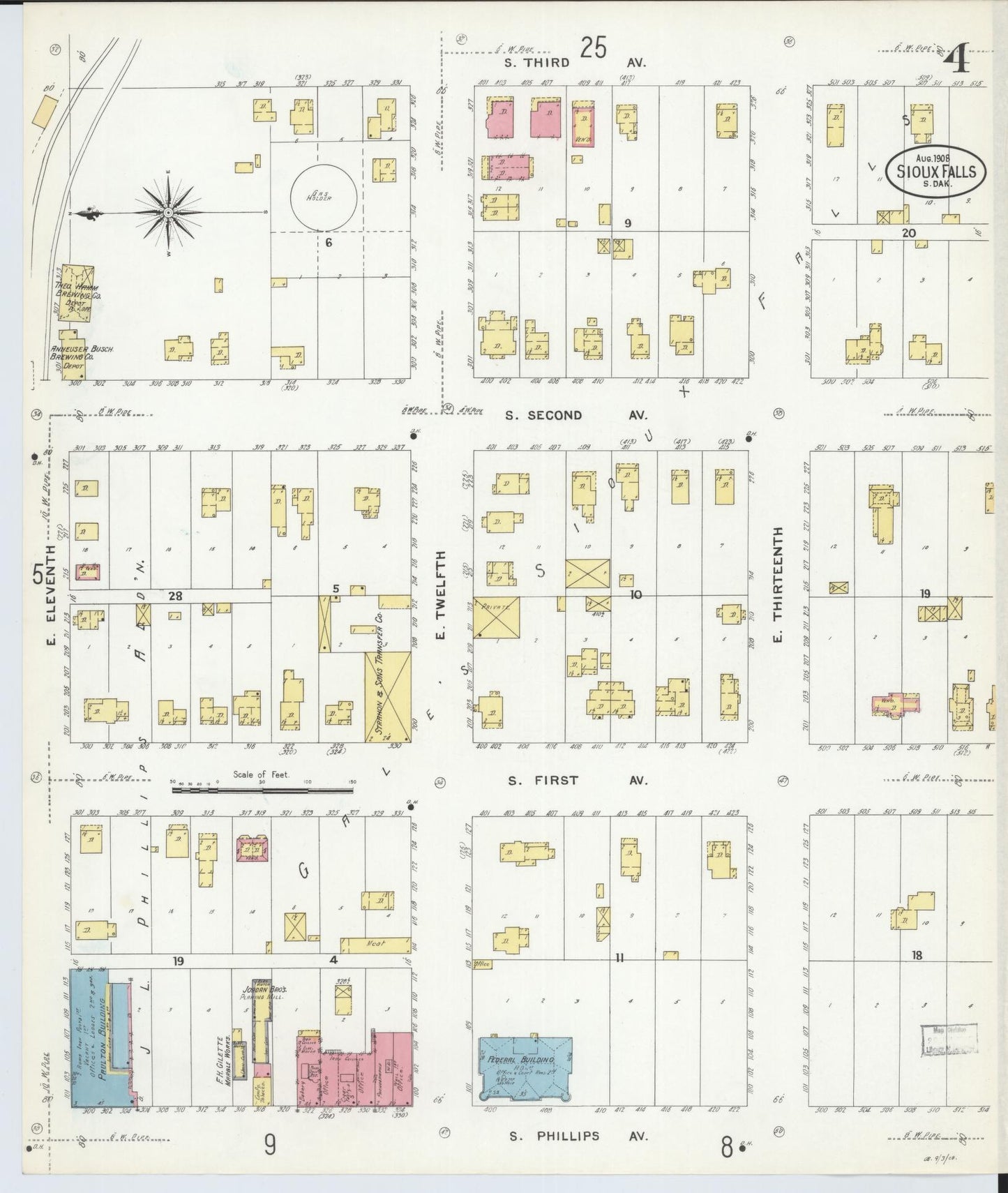 Sanborn Fire Insurance Map from Sioux Falls, Minnehaha County, South Dakota (1908), Sheet #0004 - Historic Sanborn Fire Insurance Map Print, vintage old map wall art, antique decor, genealogy gift, South Dakota South Dakota map