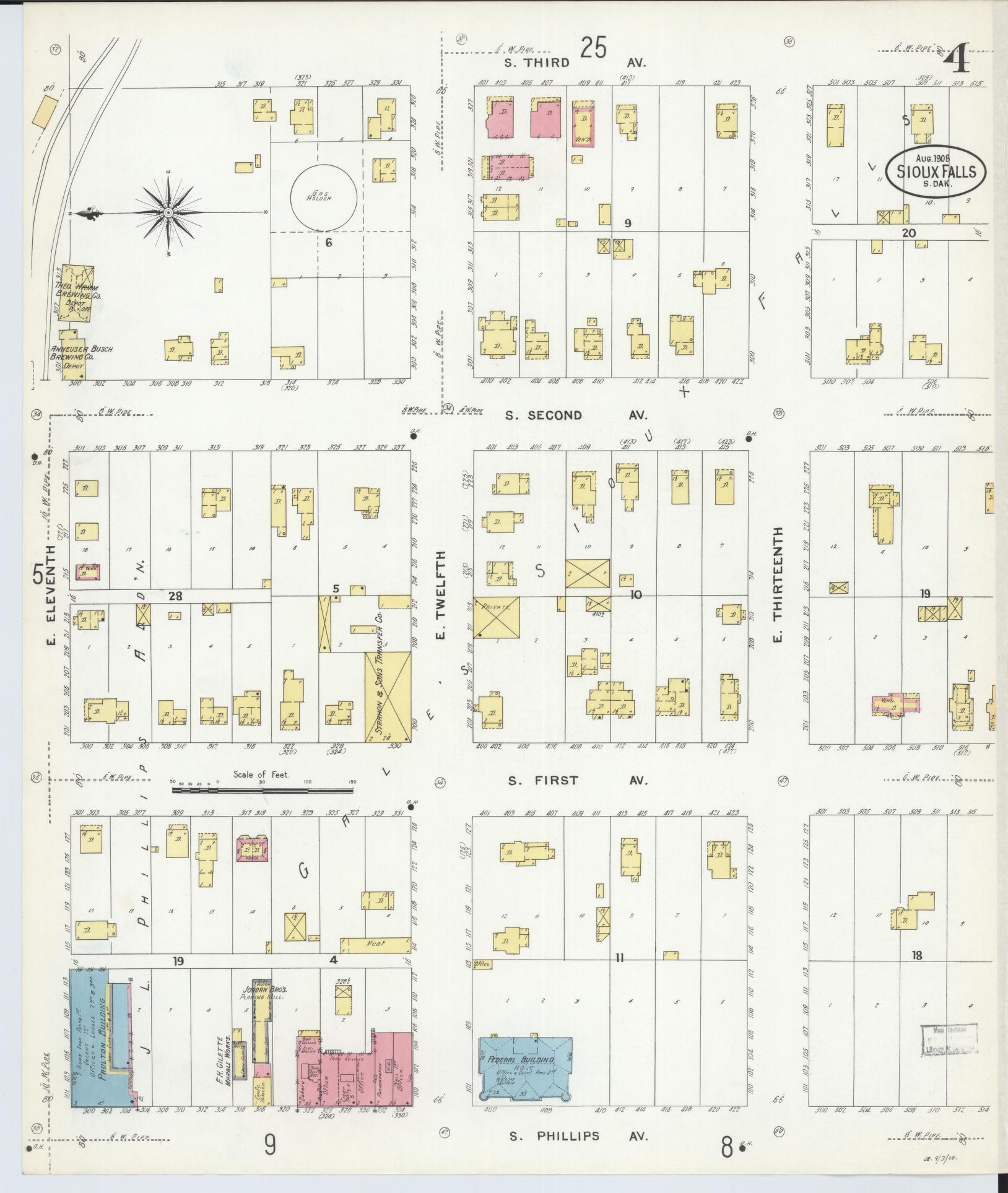 Sanborn Fire Insurance Map from Sioux Falls, Minnehaha County, South Dakota (1908), Sheet #0004 - Historic Sanborn Fire Insurance Map Print, vintage old map wall art, antique decor, genealogy gift, South Dakota South Dakota map