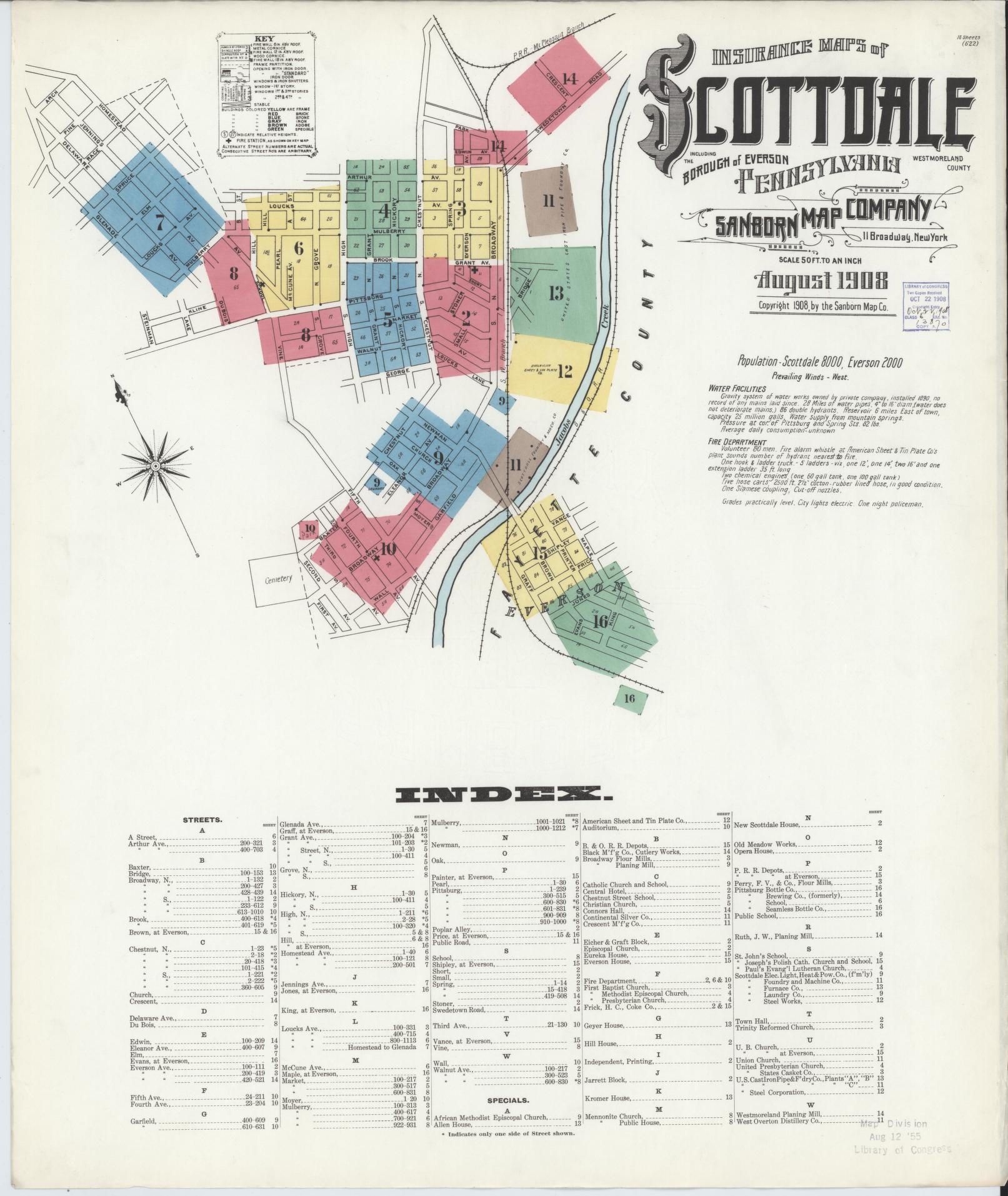 Sanborn Fire Insurance Map from Scottdale, Westmoreland County, Pennsylvania (1908), Sheet #0001 - Complete Map Set gallery image, historic Sanborn map, vintage wall art, Pennsylvania Pennsylvania