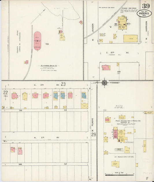 Sanborn Fire Insurance Map from Phoenix, Maricopa County, Arizona (1911), Sheet #0039 - Historic Sanborn Fire Insurance Map Print, vintage old map wall art, antique decor, genealogy gift, Arizona Arizona map