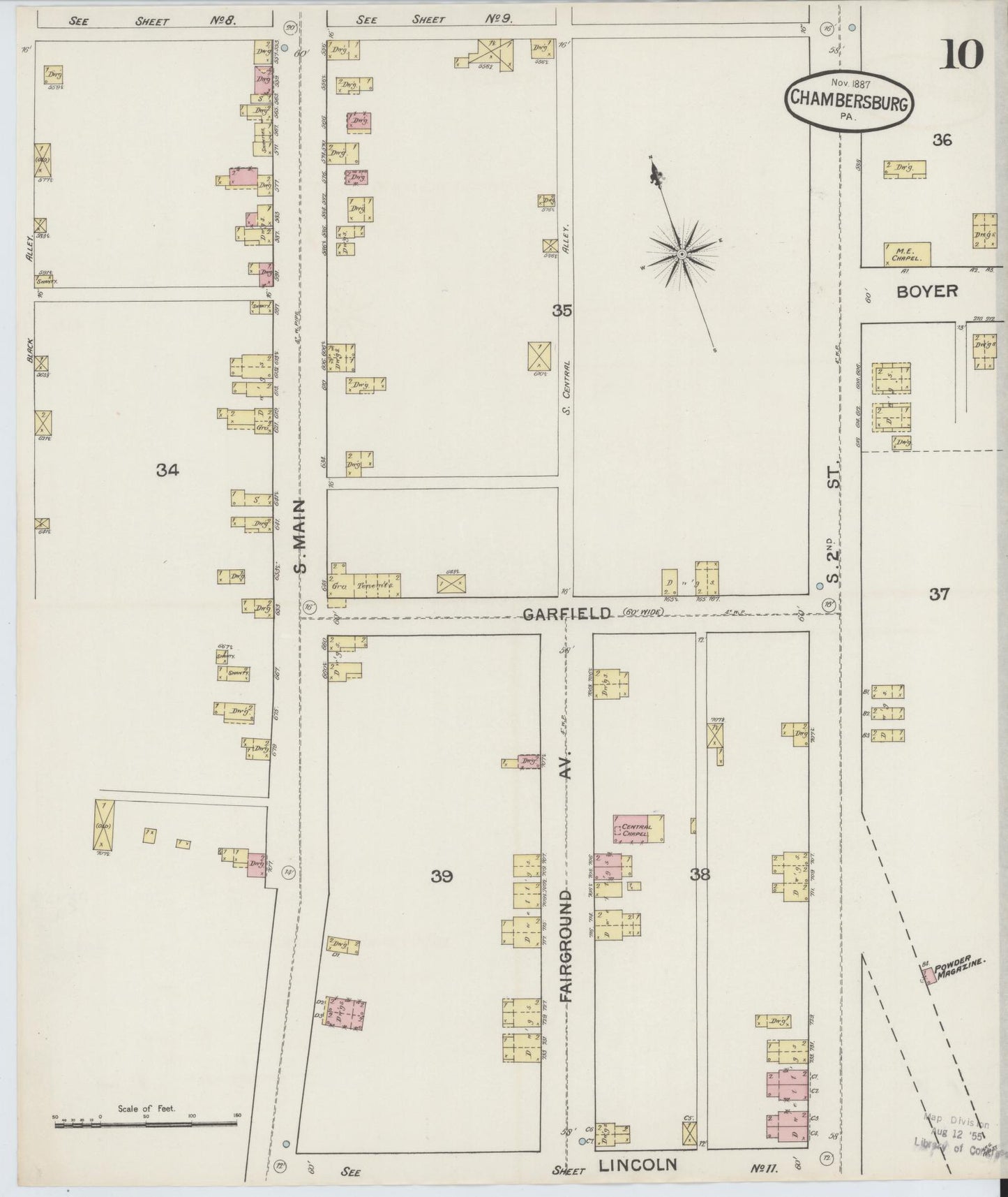 Sanborn Fire Insurance Map from Chambersburg, Franklin County, Pennsylvania (1887), Sheet #0010 - Historic Sanborn Fire Insurance Map Print, vintage old map wall art, antique decor, genealogy gift, Pennsylvania Pennsylvania map