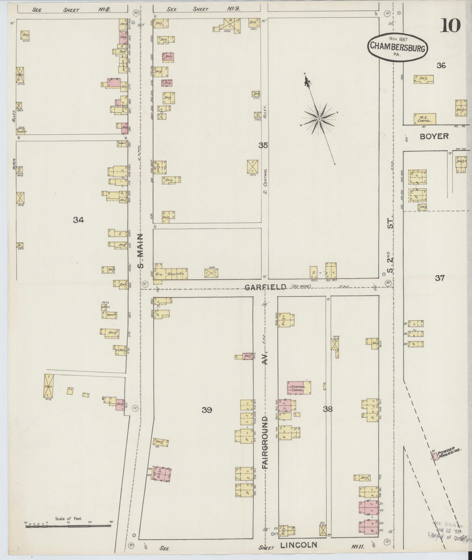Sanborn Fire Insurance Map from Chambersburg, Franklin County, Pennsylvania (1887), Sheet #0010 - Historic Sanborn Fire Insurance Map Print, vintage old map wall art, antique decor, genealogy gift, Pennsylvania Pennsylvania map