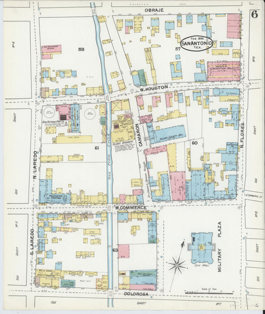 Sanborn Fire Insurance Map from San Antonio, Bexar County, Texas (1892), Sheet #0006 - Historic Sanborn Fire Insurance Map Print, vintage old map wall art, antique decor, genealogy gift, Texas Texas map