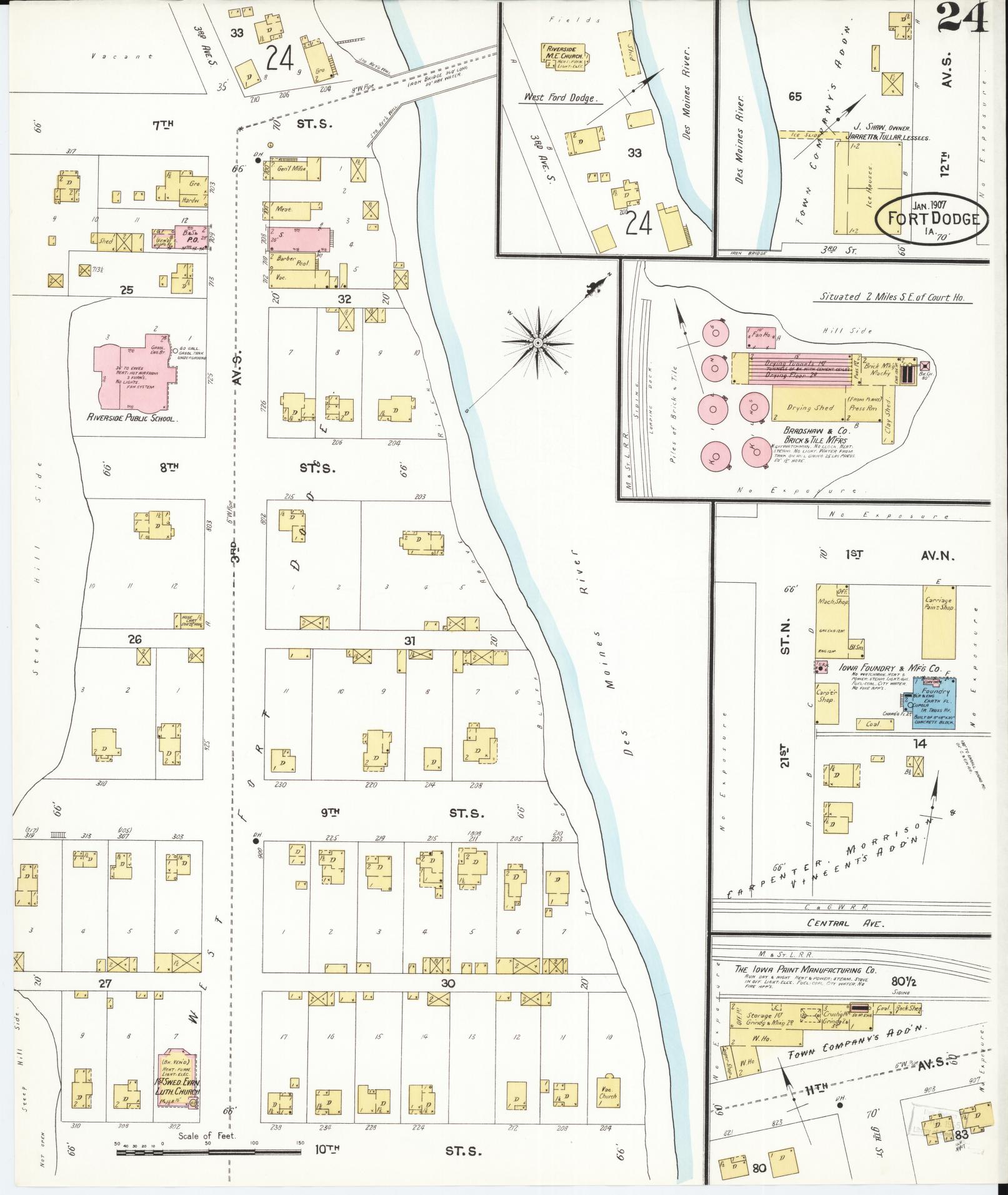 Sanborn Fire Insurance Map from Fort Dodge, Webster County, Iowa (1907), Sheet #0024 - Historic Sanborn Fire Insurance Map Print, vintage old map wall art