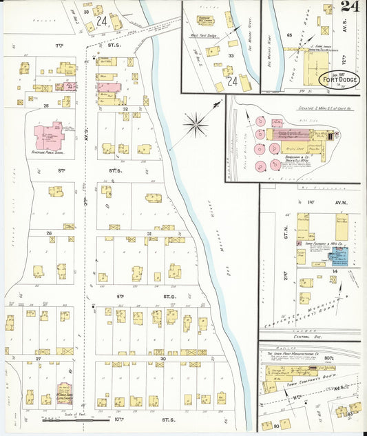 Sanborn Fire Insurance Map from Fort Dodge, Webster County, Iowa (1907), Sheet #0024 - Historic Sanborn Fire Insurance Map Print, vintage old map wall art