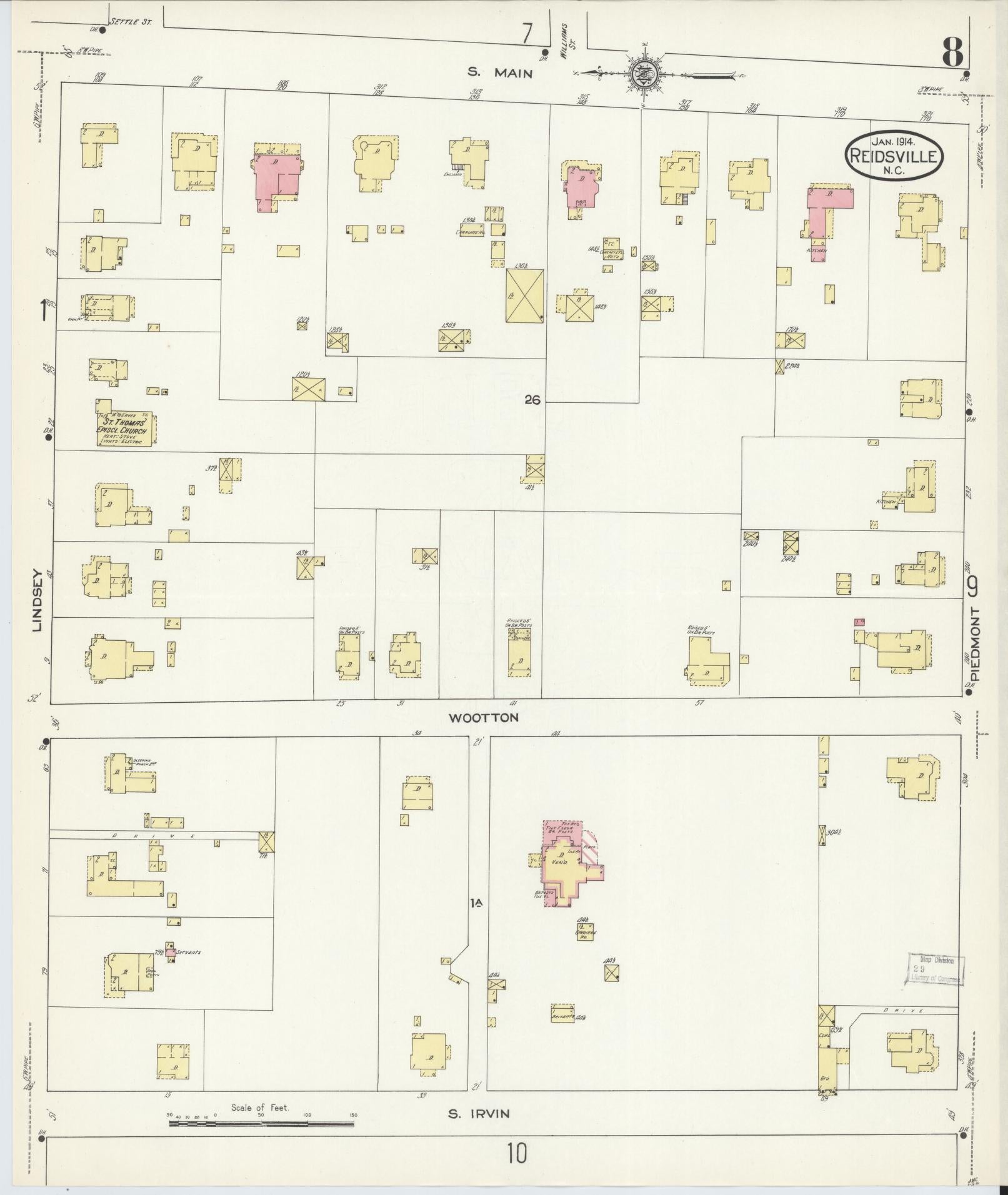 Sanborn Fire Insurance Map from Reidsville, Rockingham County, North Carolina (1914), Sheet #0008 - Historic Sanborn Fire Insurance Map Print, vintage old map wall art, antique decor, genealogy gift, North Carolina North Carolina map