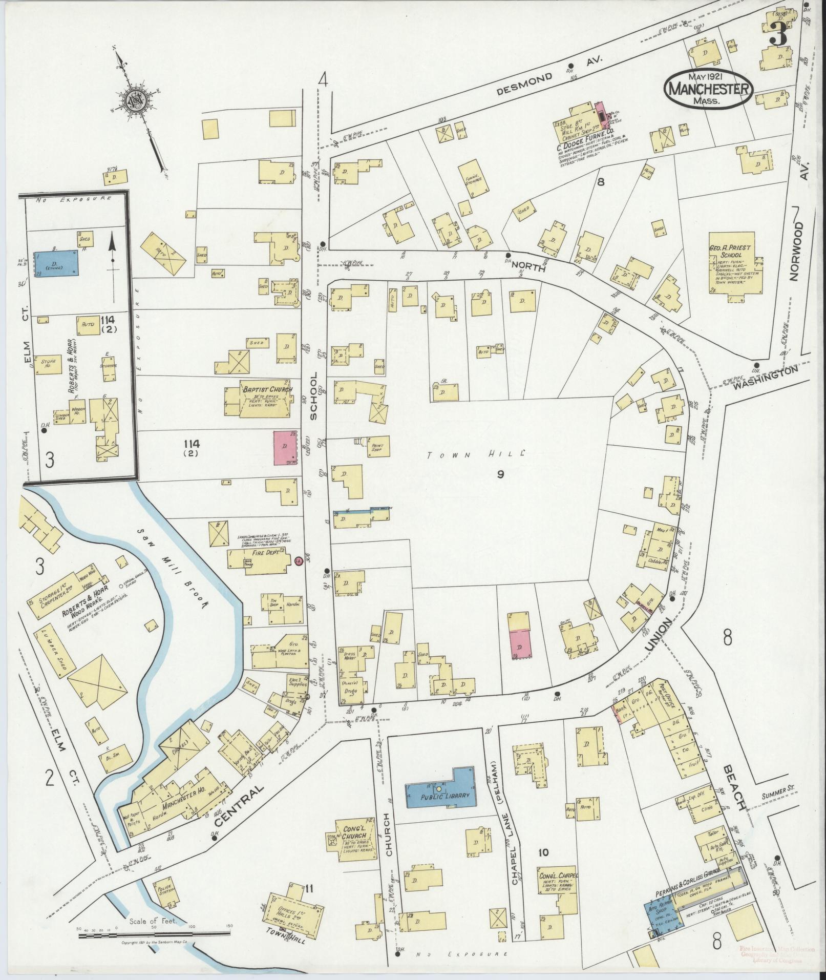 Sanborn Fire Insurance Map from Manchester, Essex County, Massachusetts (1921), Sheet #0003 - Historic Sanborn Fire Insurance Map Print, vintage old map wall art, antique decor, genealogy gift, Massachusetts Massachusetts map