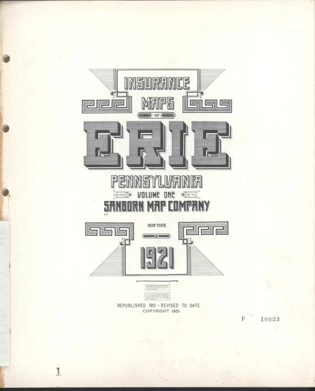 Sanborn Fire Insurance Map from Erie, Erie County, Pennsylvania (1951), Sheet #0001 - Historic Sanborn Fire Insurance Map Print, vintage old map wall art, antique decor, genealogy gift, Pennsylvania Pennsylvania map