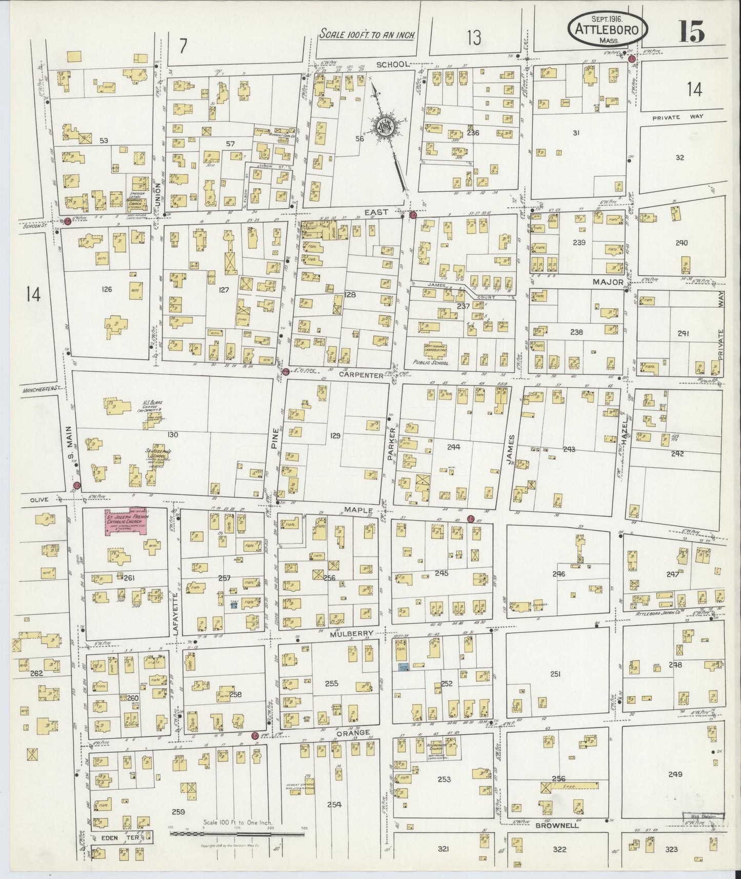 Sanborn Fire Insurance Map from Attleboro, Bristol County, Massachusetts (1916), Sheet #0015 - Complete Map Set gallery image, historic Sanborn map, vintage wall art, Massachusetts Massachusetts