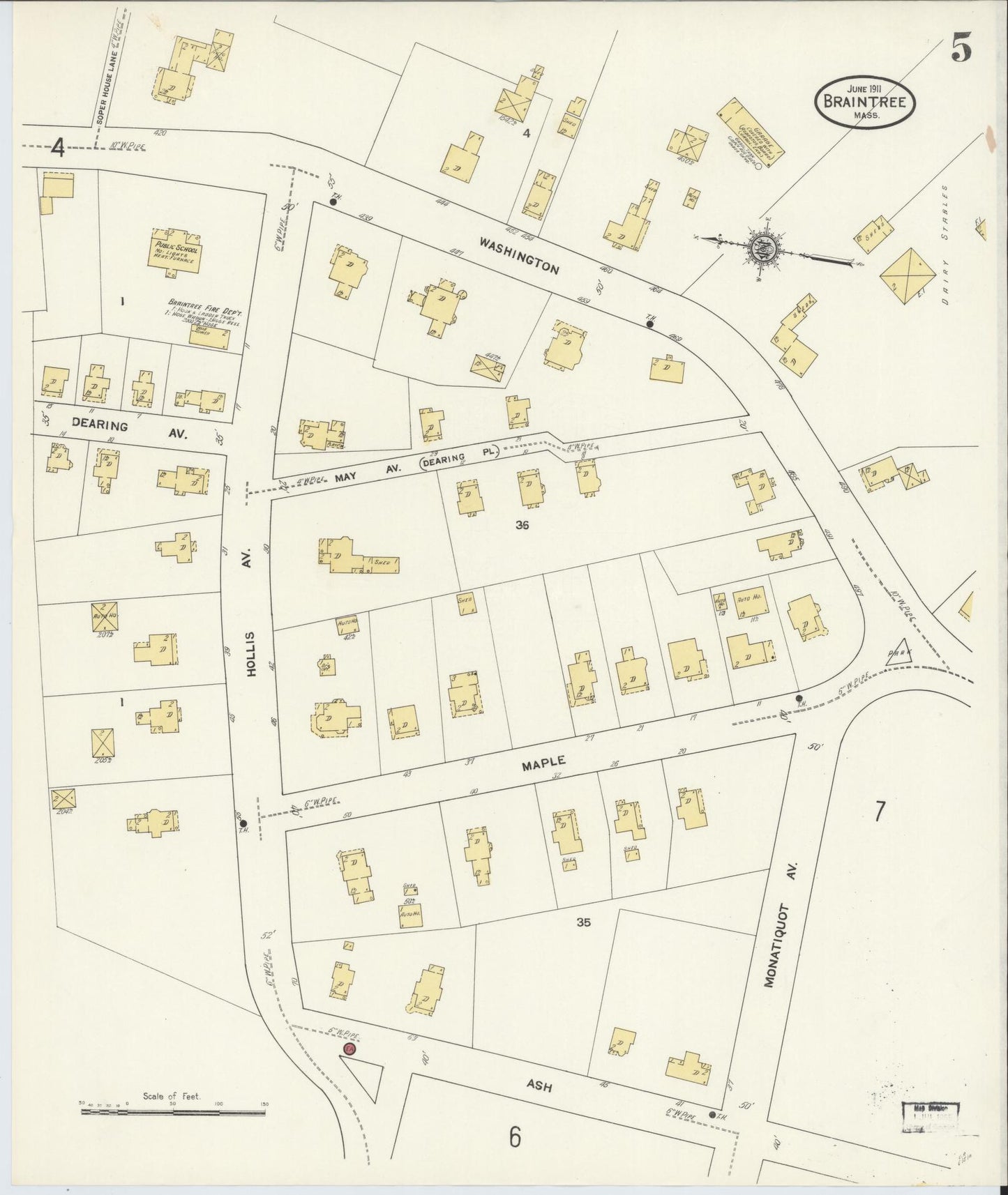 Sanborn Fire Insurance Map from Braintree, Norfolk County, Massachusetts (1911), Sheet #0005 - Complete Map Set gallery image, historic Sanborn map, vintage wall art, Massachusetts Massachusetts