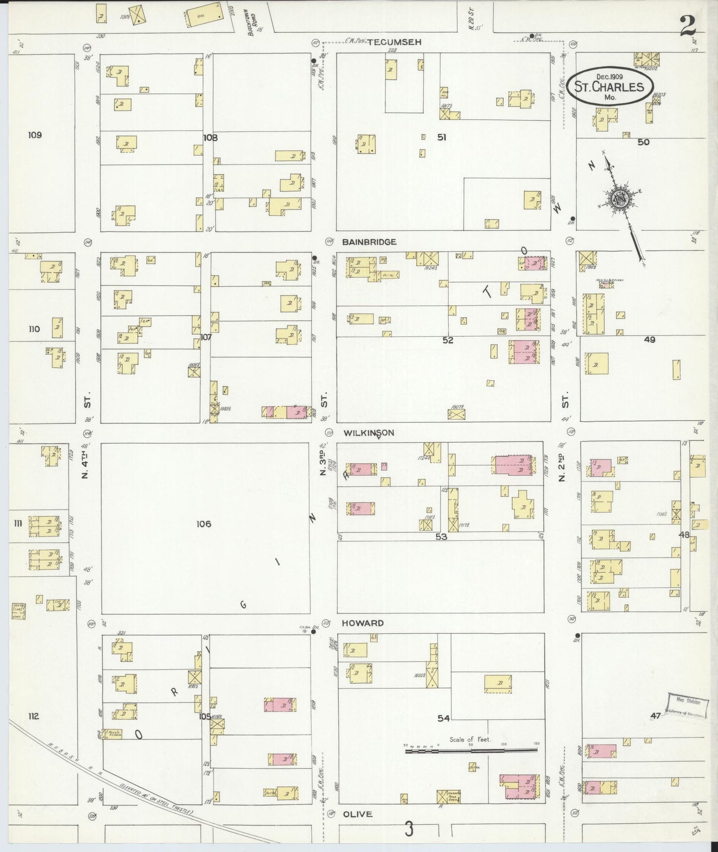 Sanborn Fire Insurance Map from Saint Charles, Saint Charles County, Missouri (1909), Sheet #0002 - Historic Sanborn Fire Insurance Map Print, vintage old map wall art, antique decor, genealogy gift, Missouri Missouri map