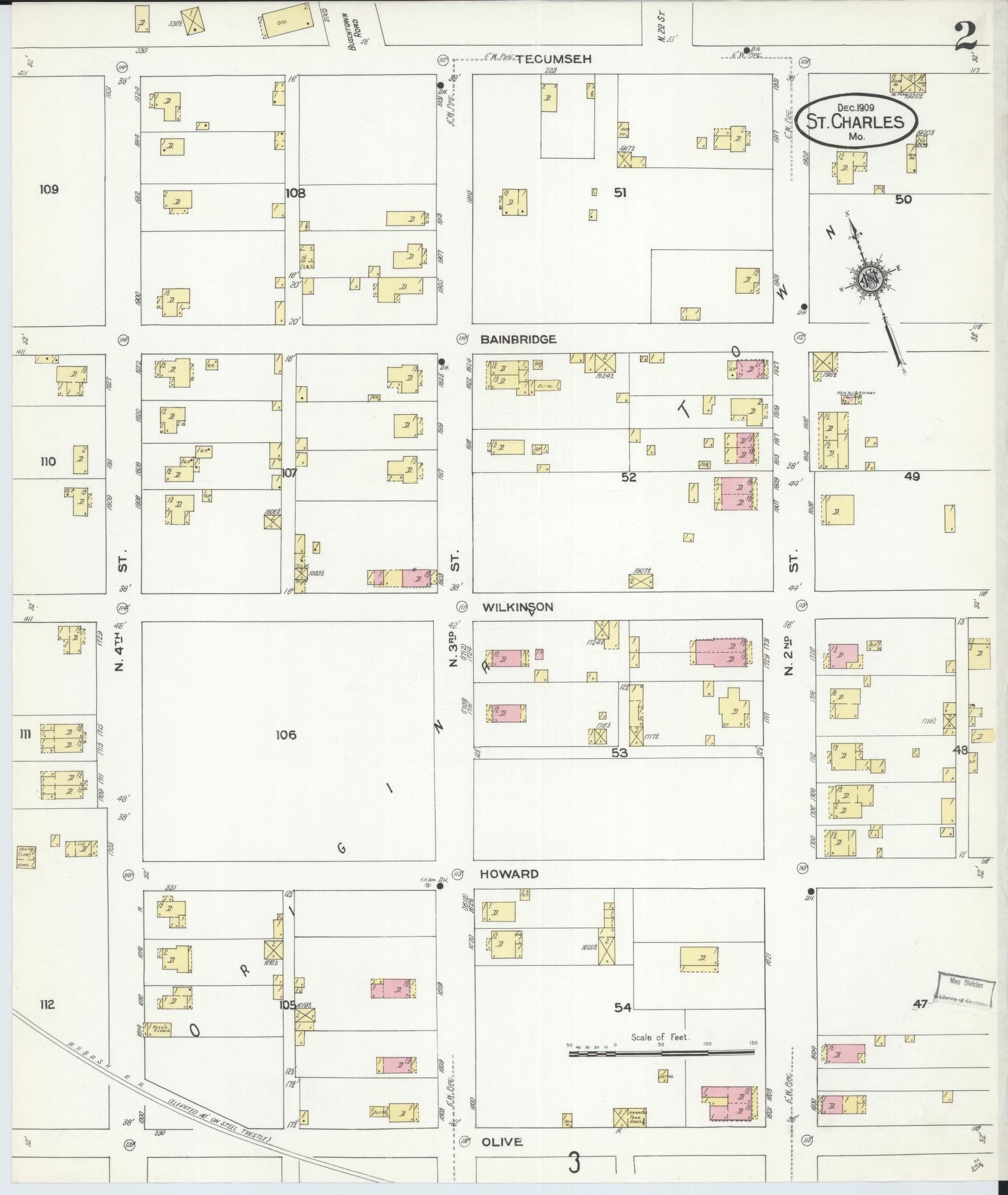 Sanborn Fire Insurance Map from Saint Charles, Saint Charles County, Missouri (1909), Sheet #0002 - Historic Sanborn Fire Insurance Map Print, vintage old map wall art, antique decor, genealogy gift, Missouri Missouri map