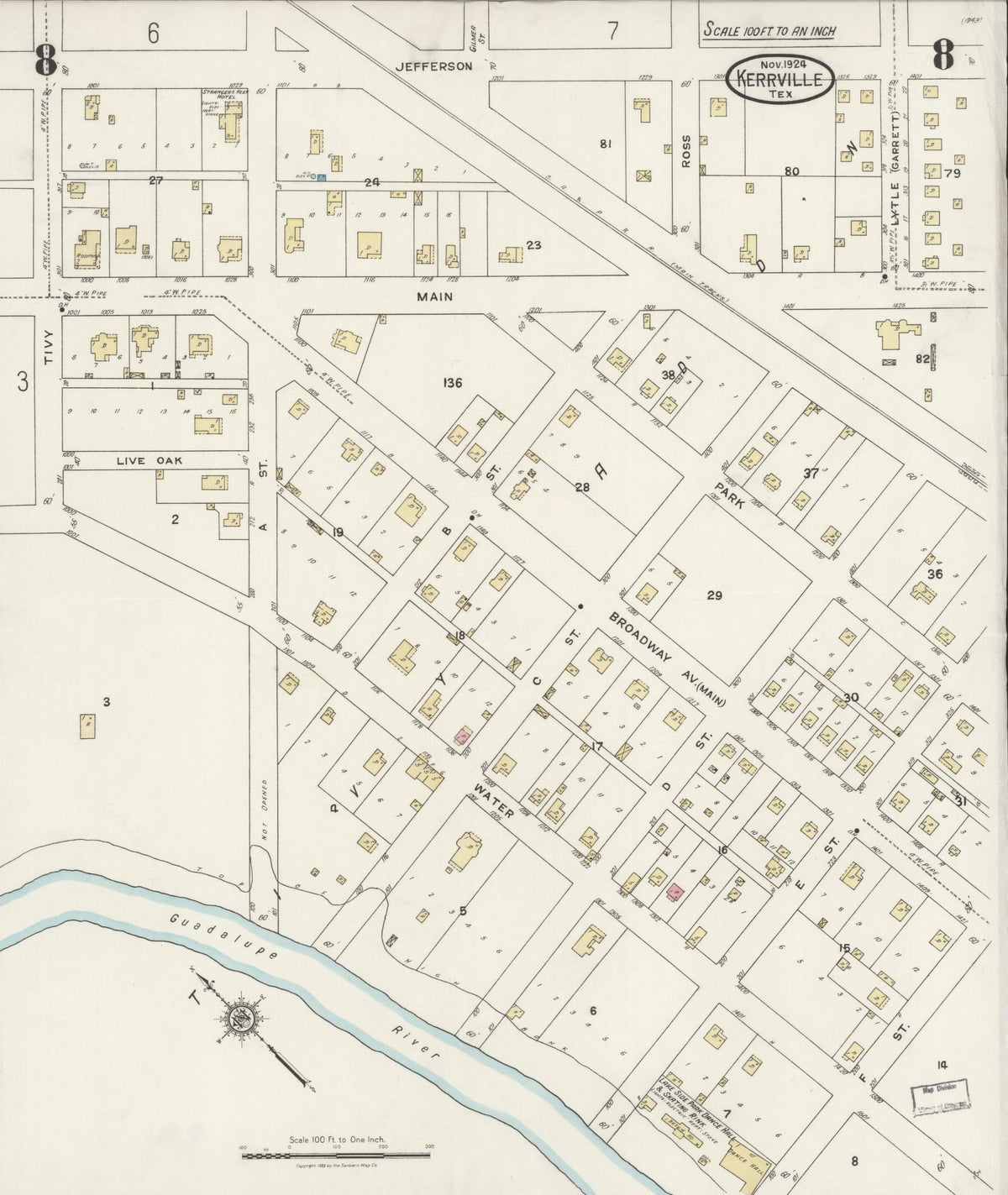 Sanborn Fire Insurance Map from Kerrville, Kerr County, Texas (1924), Sheet #0008 - Complete Map Set gallery image, historic Sanborn map, vintage wall art, Texas Texas