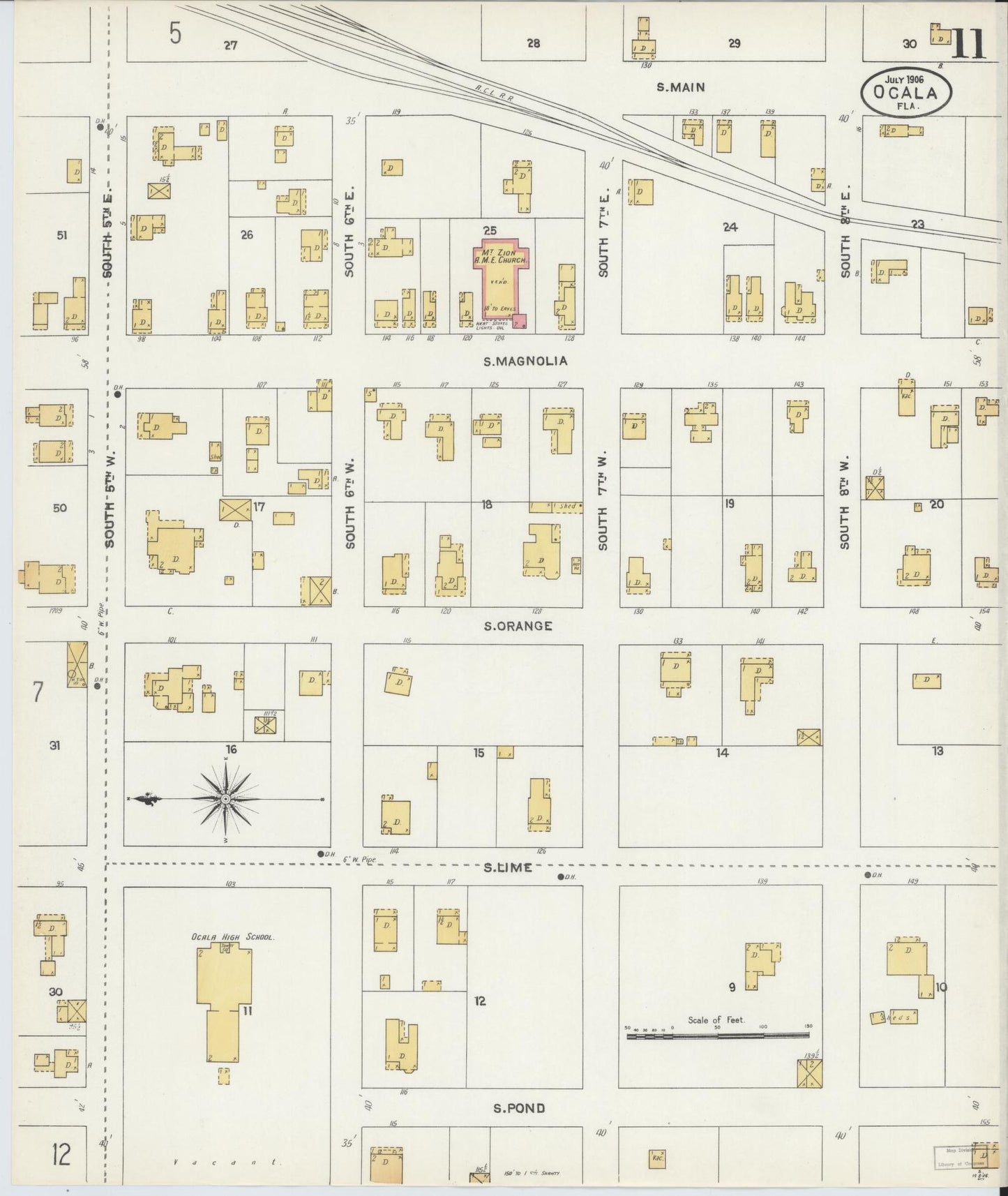 Sanborn Fire Insurance Map from Ocala, Marion County, Florida (1906), Sheet #0011 - Historic Sanborn Fire Insurance Map Print, vintage old map wall art, antique decor, genealogy gift, Florida Florida map