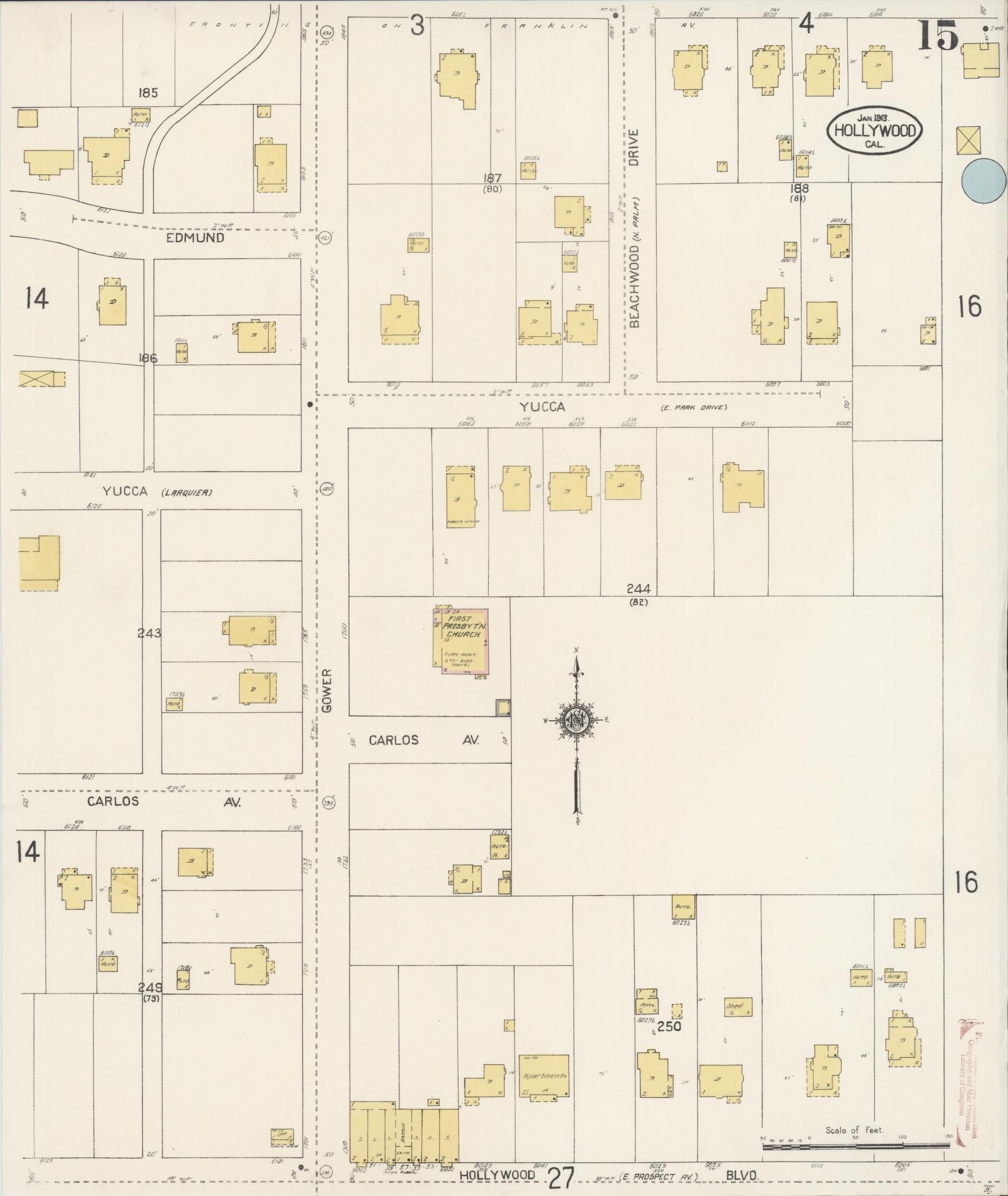 Sanborn Fire Insurance Map from Hollywood, Los Angeles County, California (1913), Sheet #0015 - Historic Sanborn Fire Insurance Map Print, vintage old map wall art, antique decor, genealogy gift, California California map