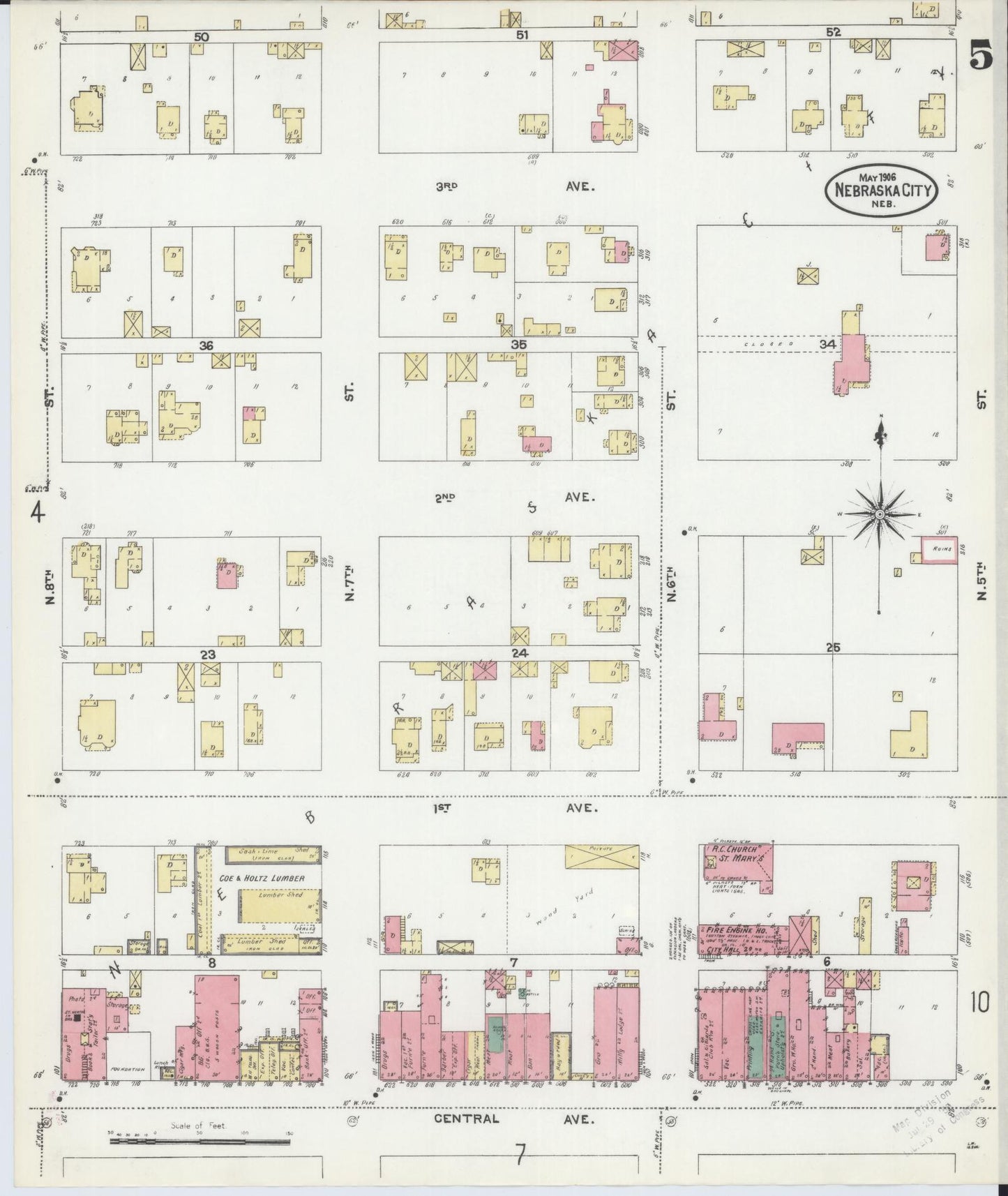 Sanborn Fire Insurance Map from Nebraska City, Otoe County, Nebraska (1906), Sheet #0005 - Historic Sanborn Fire Insurance Map Print, vintage old map wall art, antique decor, genealogy gift, Nebraska Nebraska map