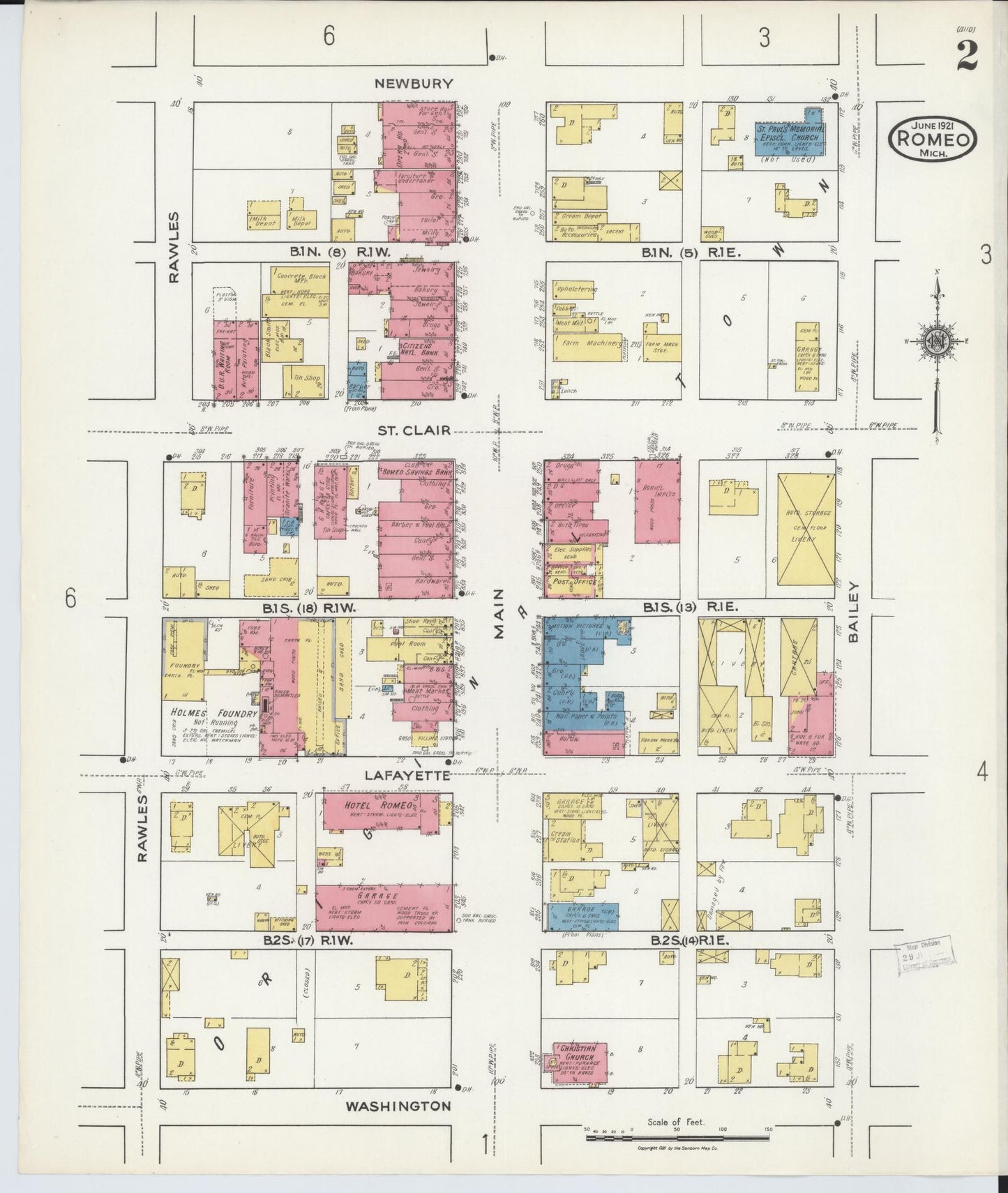 Sanborn Fire Insurance Map from Romeo, Macomb County, Michigan (1921), Sheet #0002 - Historic Sanborn Fire Insurance Map Print, vintage old map wall art, antique decor, genealogy gift, Michigan Michigan map