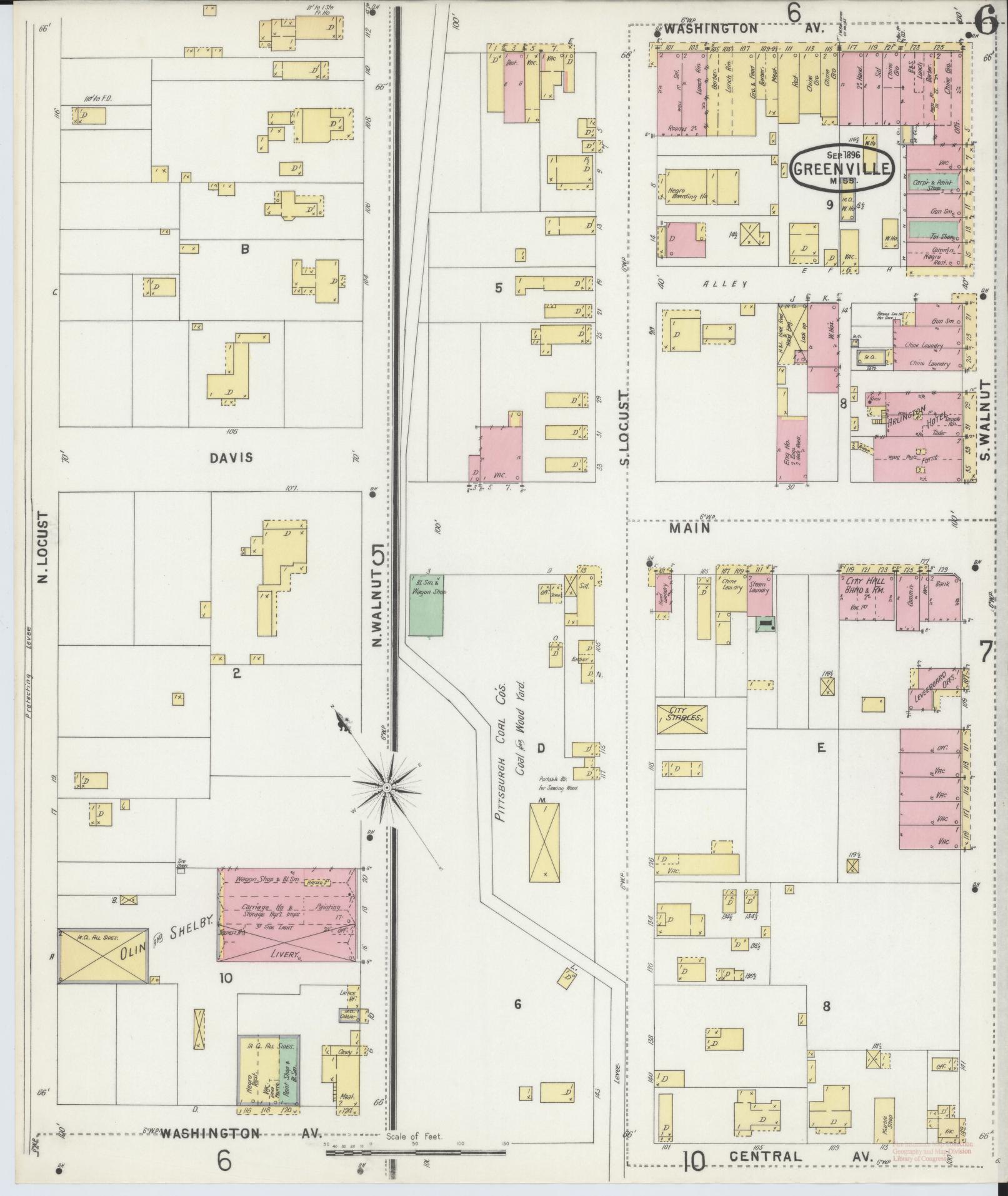 Sanborn Fire Insurance Map from Greenville, Washington County, Mississippi (1896), Sheet #0006 - Complete Map Set gallery image, historic Sanborn map, vintage wall art, Mississippi Mississippi