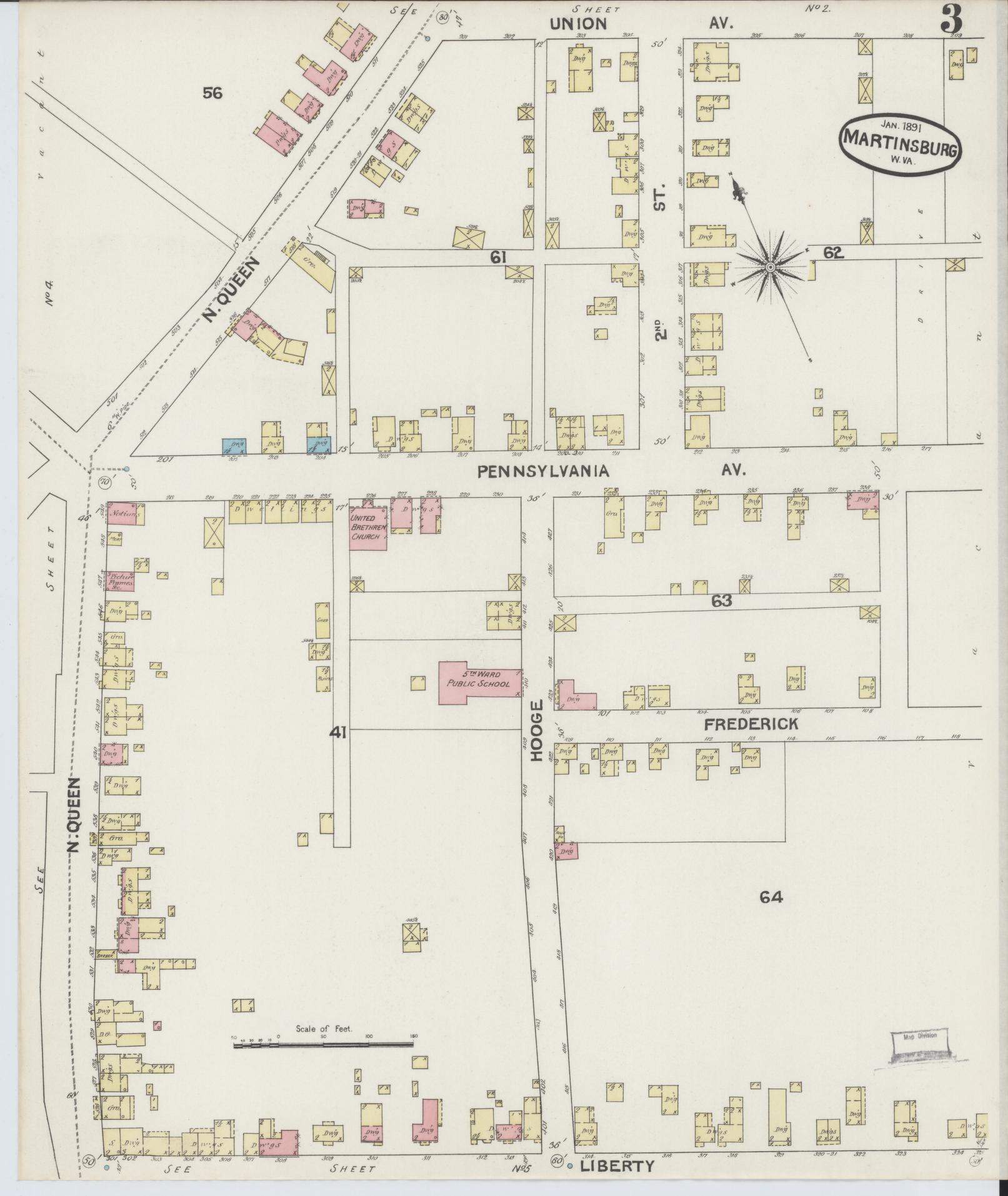 Sanborn Fire Insurance Map from Martinsburg, Berkeley County, West Virginia (1891), Sheet #0003 - Complete Map Set gallery image, historic Sanborn map, vintage wall art, West Virginia West Virginia