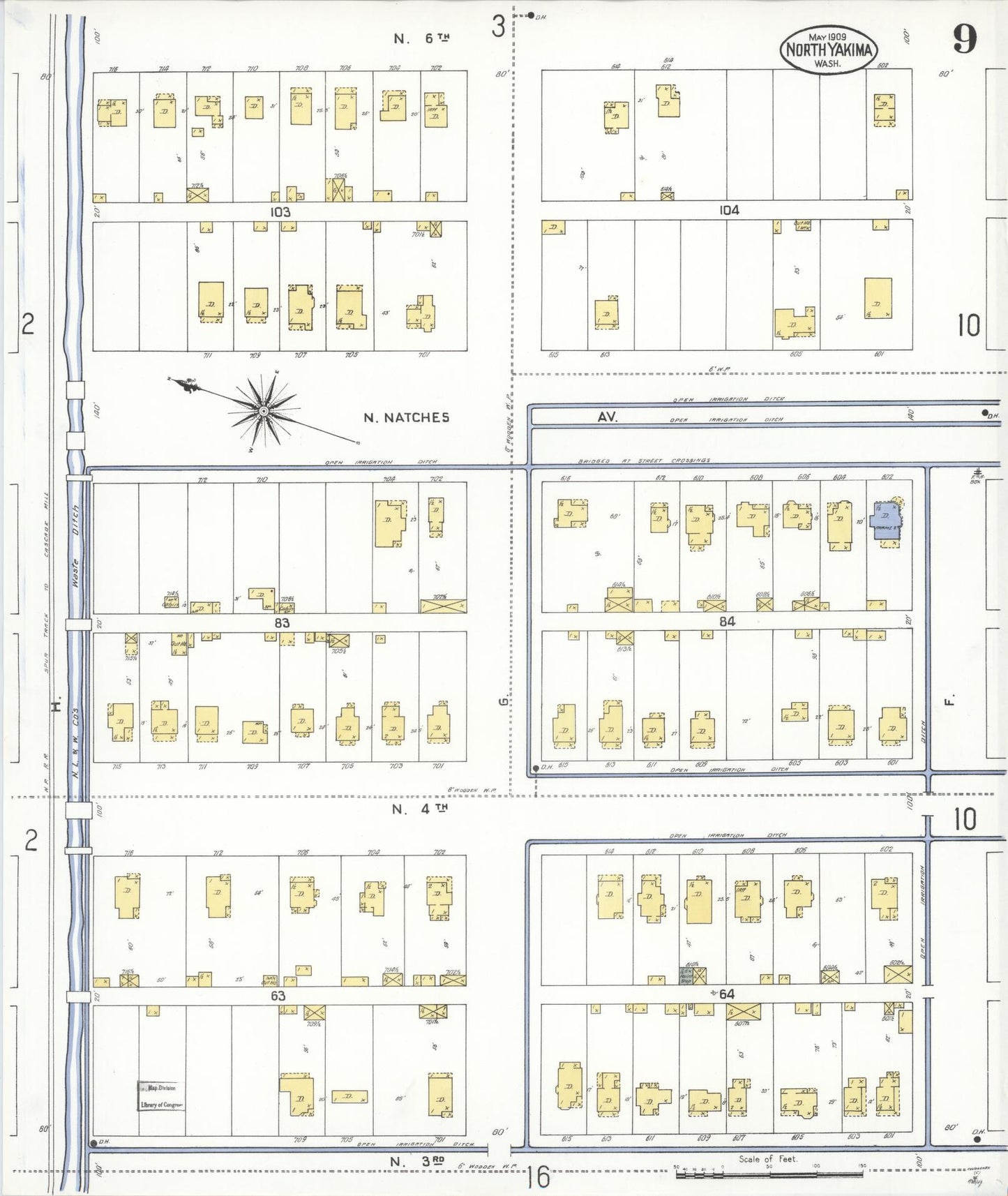 Sanborn Fire Insurance Map from North Yakima, Yakima County, Washington (1909), Sheet #0009 - Complete Map Set gallery image, historic Sanborn map, vintage wall art, Washington Washington