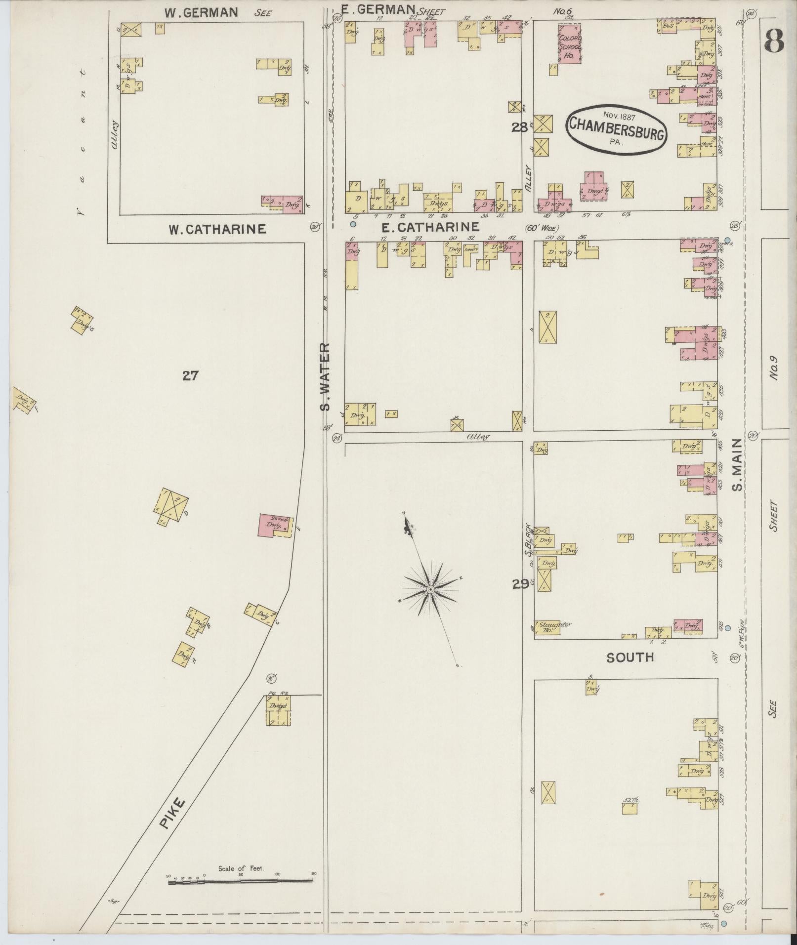 Sanborn Fire Insurance Map from Chambersburg, Franklin County, Pennsylvania (1887), Sheet #0008 - Historic Sanborn Fire Insurance Map Print, vintage old map wall art, antique decor, genealogy gift, Pennsylvania Pennsylvania map