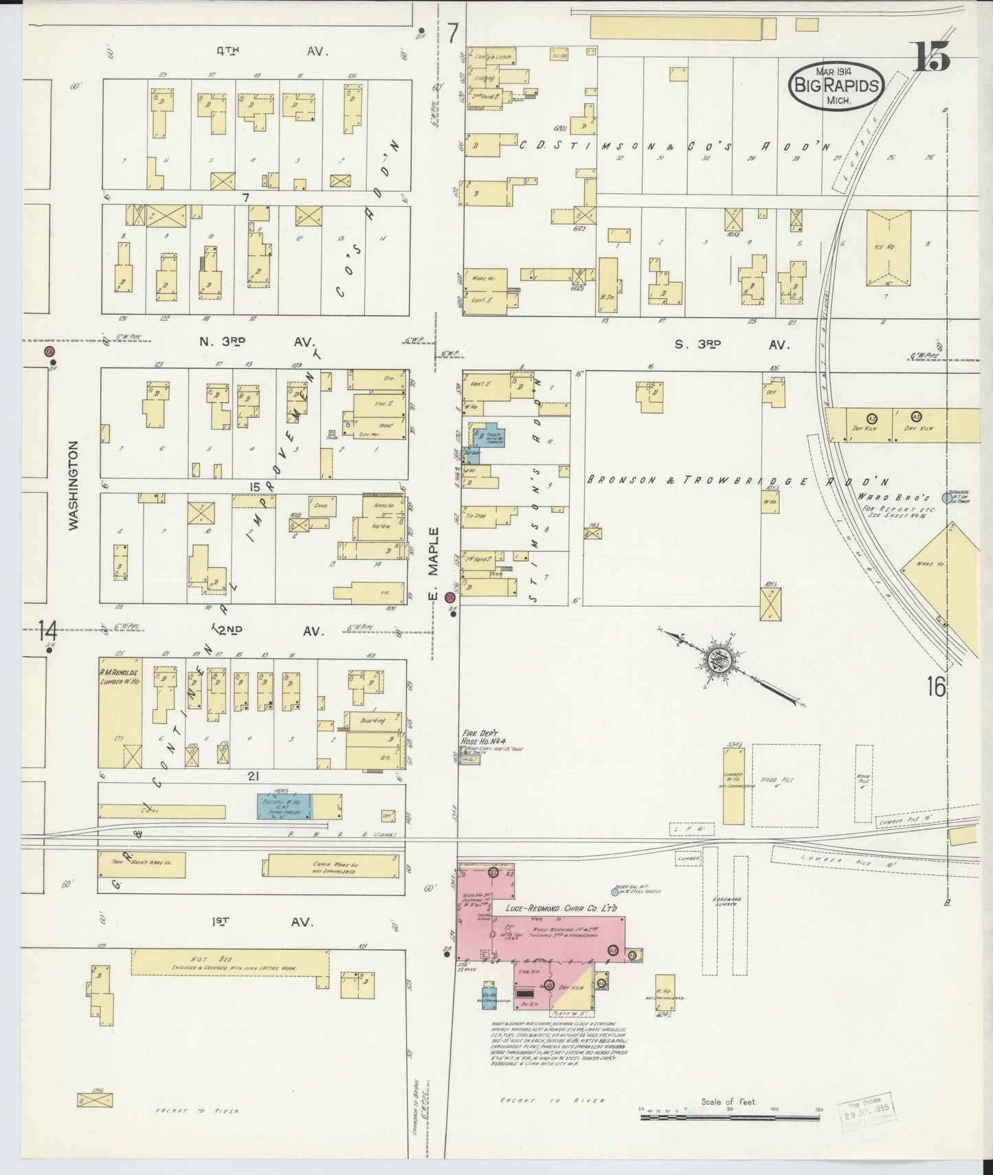 Sanborn Fire Insurance Map from Big Rapids, Mecosta County, Michigan (1914), Sheet #0015 - Historic Sanborn Fire Insurance Map Print, vintage old map wall art, antique decor, genealogy gift, Michigan Michigan map
