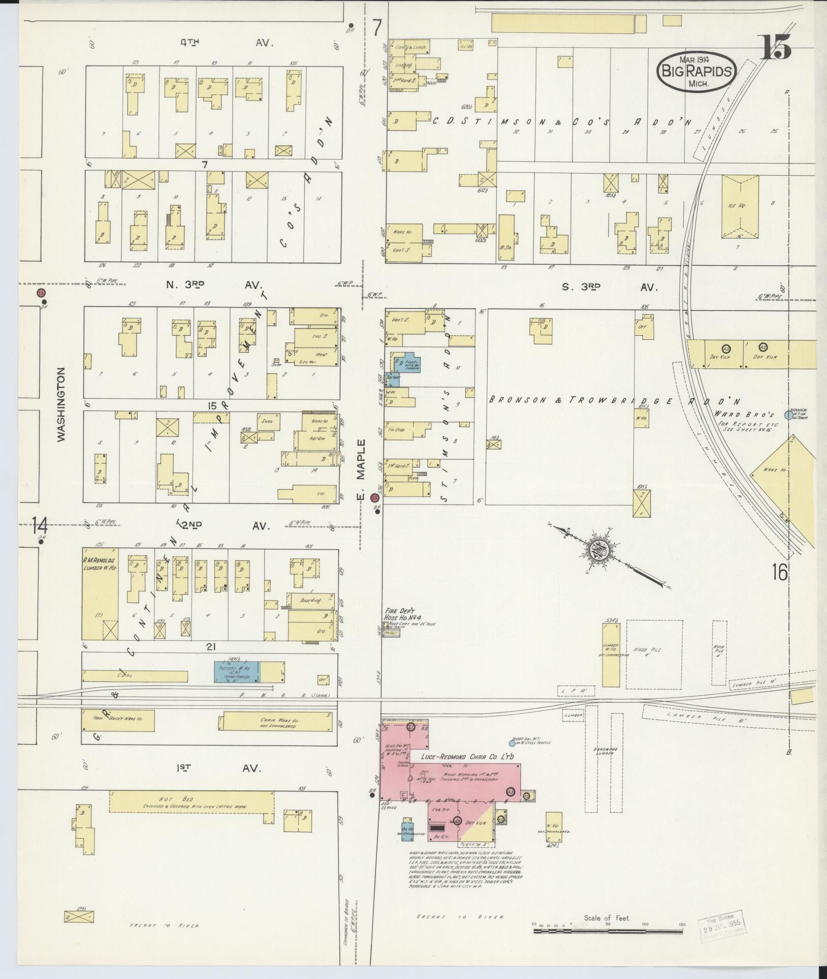 Sanborn Fire Insurance Map from Big Rapids, Mecosta County, Michigan (1914), Sheet #0015 - Historic Sanborn Fire Insurance Map Print, vintage old map wall art, antique decor, genealogy gift, Michigan Michigan map