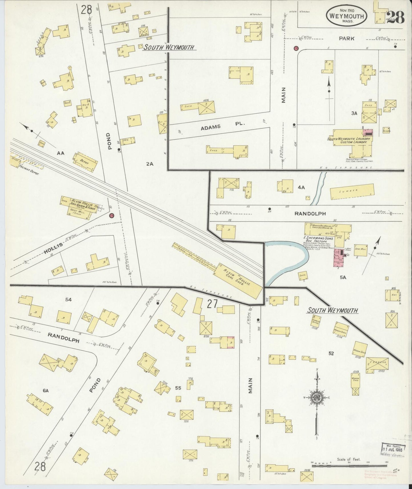 Sanborn Fire Insurance Map from Weymouth, Norfolk County, Massachusetts (1910), Sheet #0028 - Complete Map Set gallery image, historic Sanborn map, vintage wall art, Massachusetts Massachusetts
