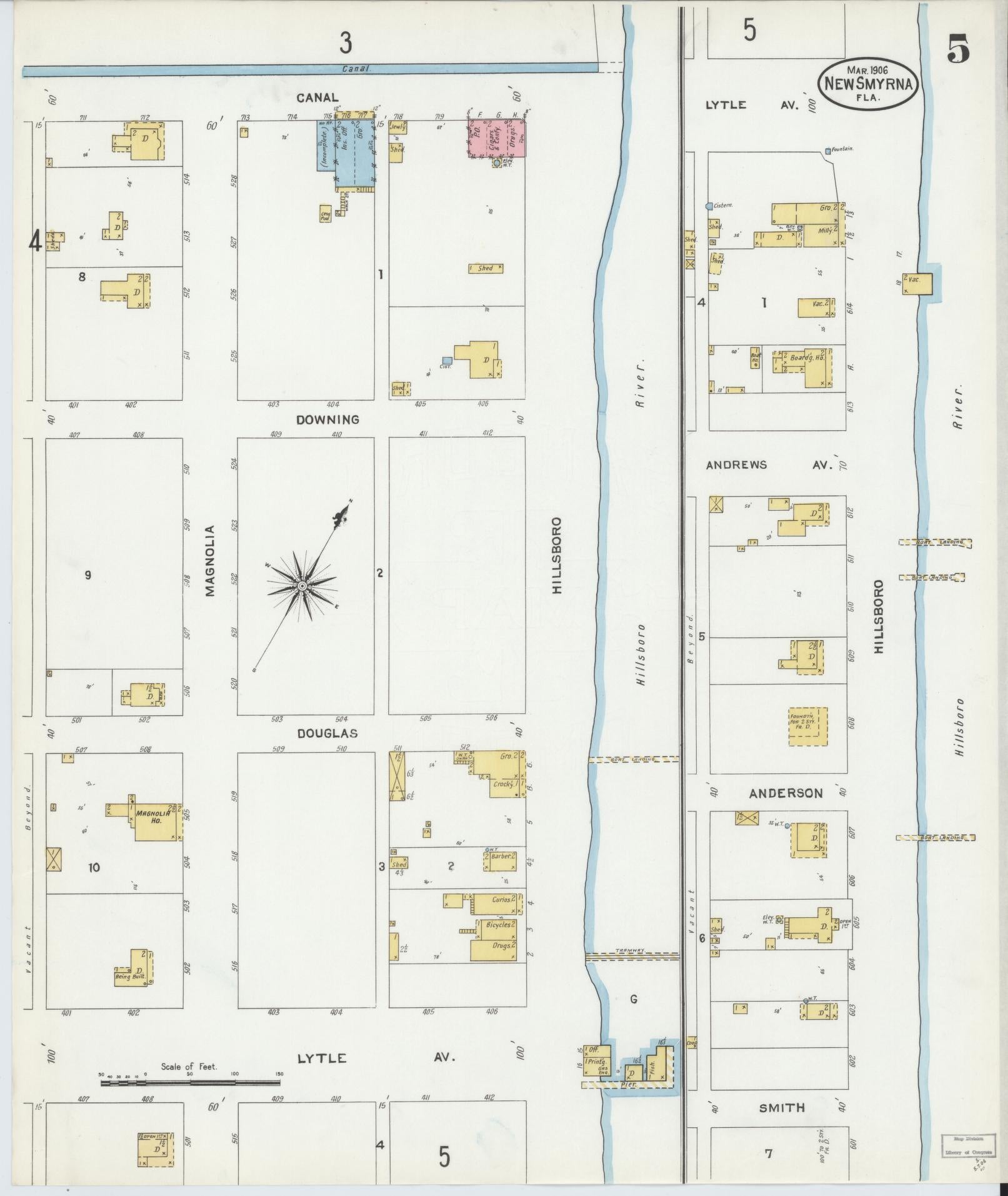 Sanborn Fire Insurance Map from New Smyrna, Valusia County, Florida (1906), Sheet #0005 - Complete Map Set gallery image, historic Sanborn map, vintage wall art, Florida Florida