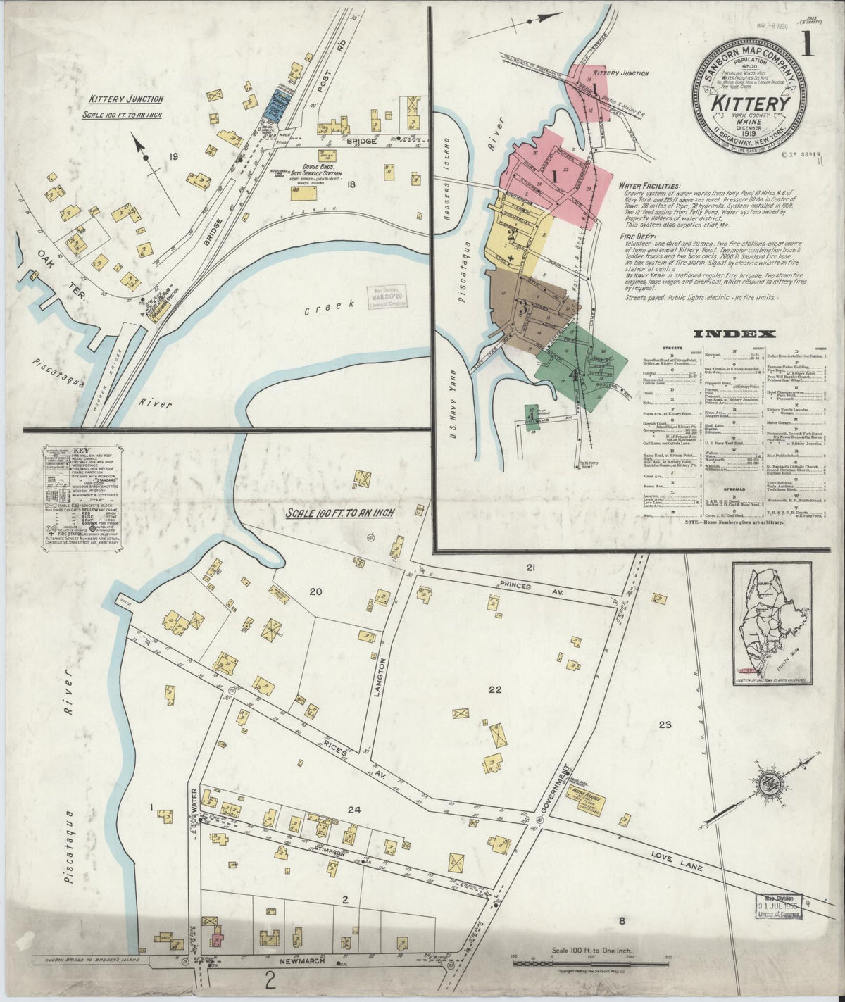 Sanborn Fire Insurance Map from Kittery, York County, Maine (1919), Sheet #0001 - Complete Map Set gallery image, historic Sanborn map, vintage wall art, Maine Maine