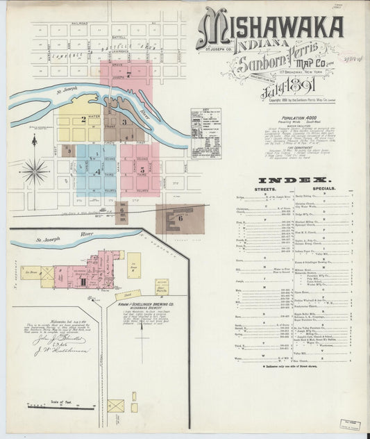 Sanborn Fire Insurance Map from Mishawaka, Saint Joseph County, Indiana (1891), Sheet #0001 - Historic Sanborn Fire Insurance Map Print, vintage old map wall art, antique decor, genealogy gift, Indiana Indiana map
