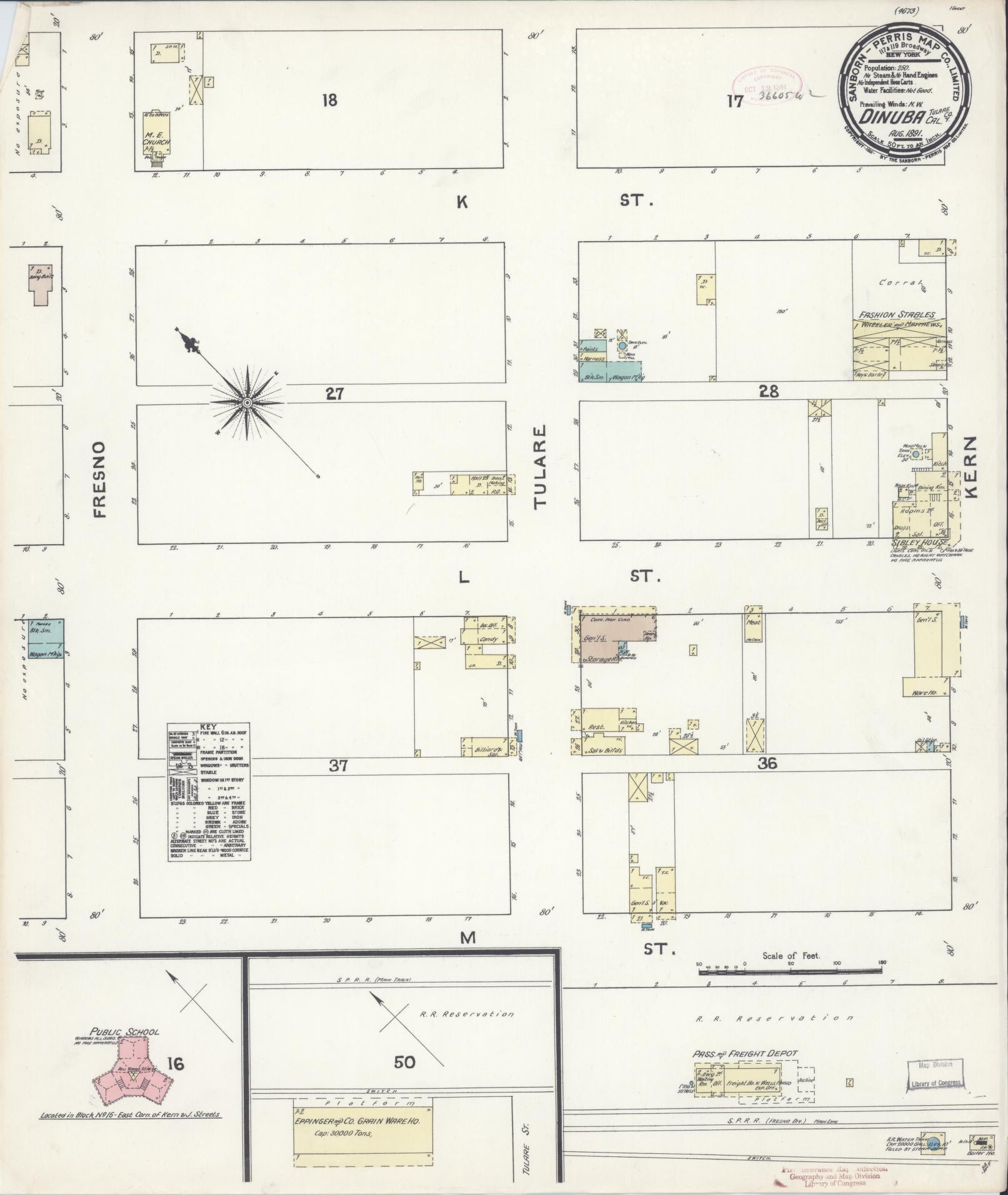 Sanborn Fire Insurance Map from Dinuba, Tulare County, California (1891), Sheet #0001 - Historic Sanborn Fire Insurance Map Print, vintage old map wall art, antique decor, genealogy gift, California California map