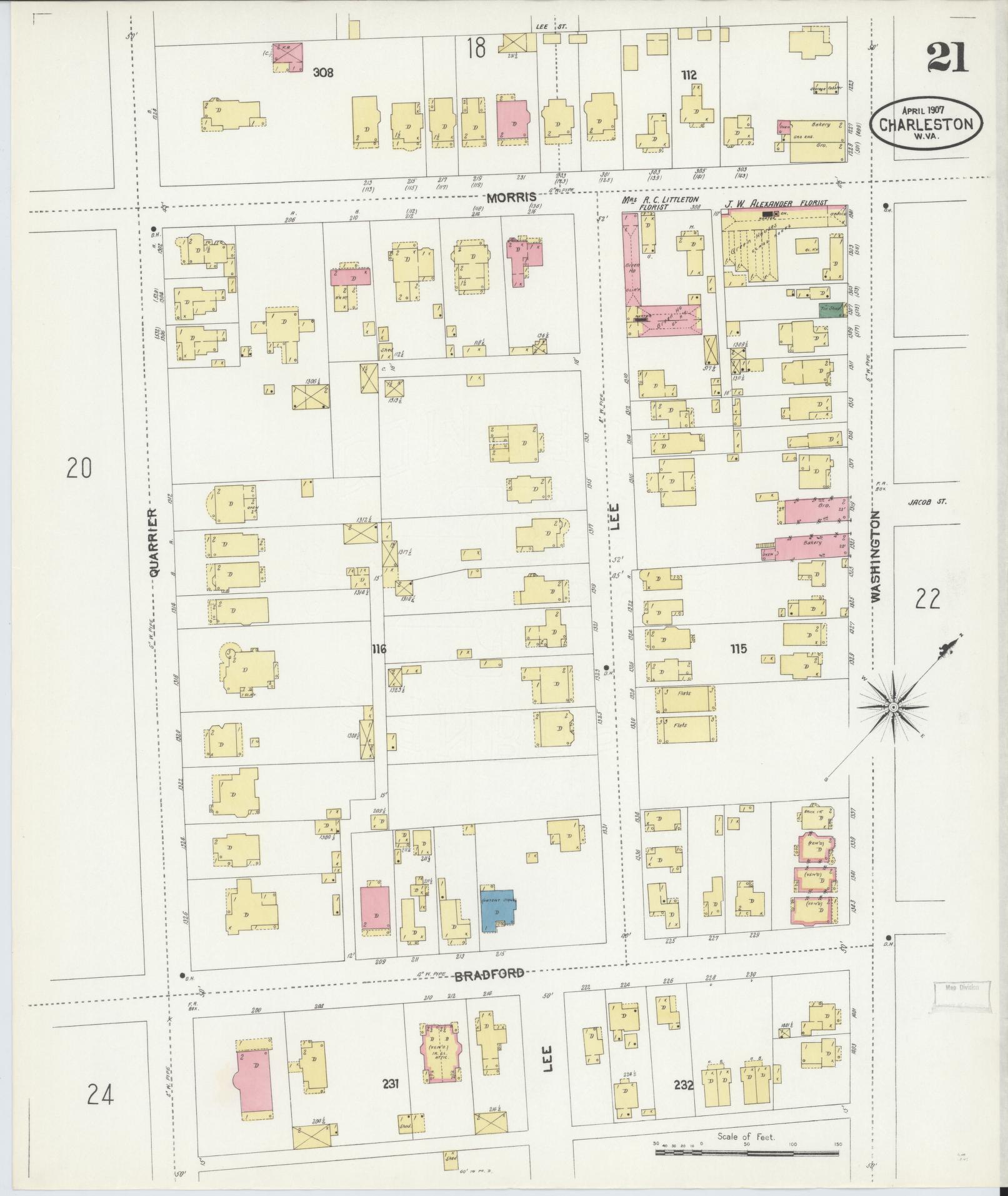 Sanborn Fire Insurance Map from Charleston, Kanawha County, West Virginia (1907), Sheet #0021 - Complete Map Set gallery image, historic Sanborn map, vintage wall art, West Virginia West Virginia