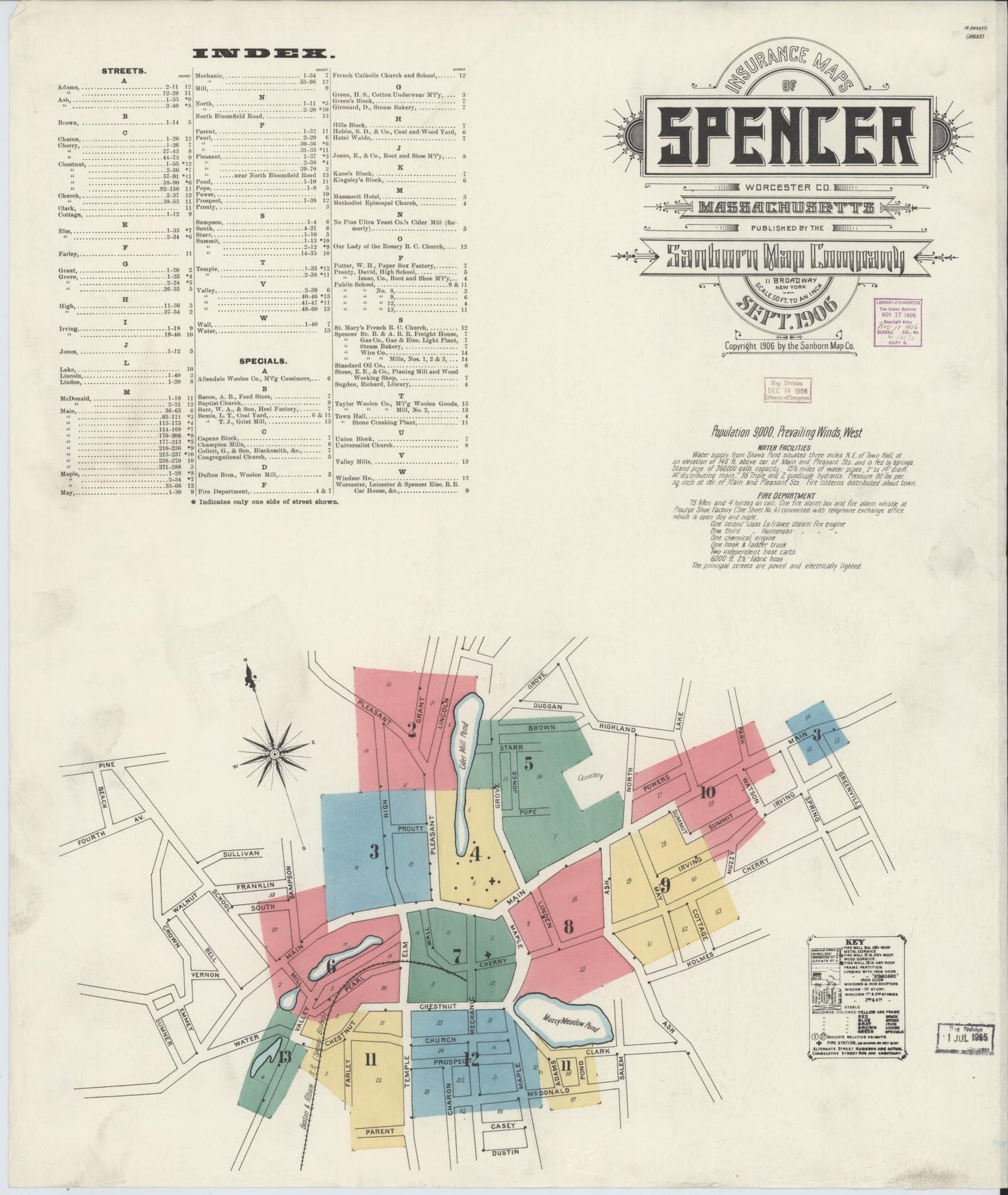 Sanborn Fire Insurance Map from Spencer, Worcester County, Massachusetts (1906), Sheet #0001 - Historic Sanborn Fire Insurance Map Print, vintage old map wall art, antique decor, genealogy gift, Massachusetts Massachusetts map