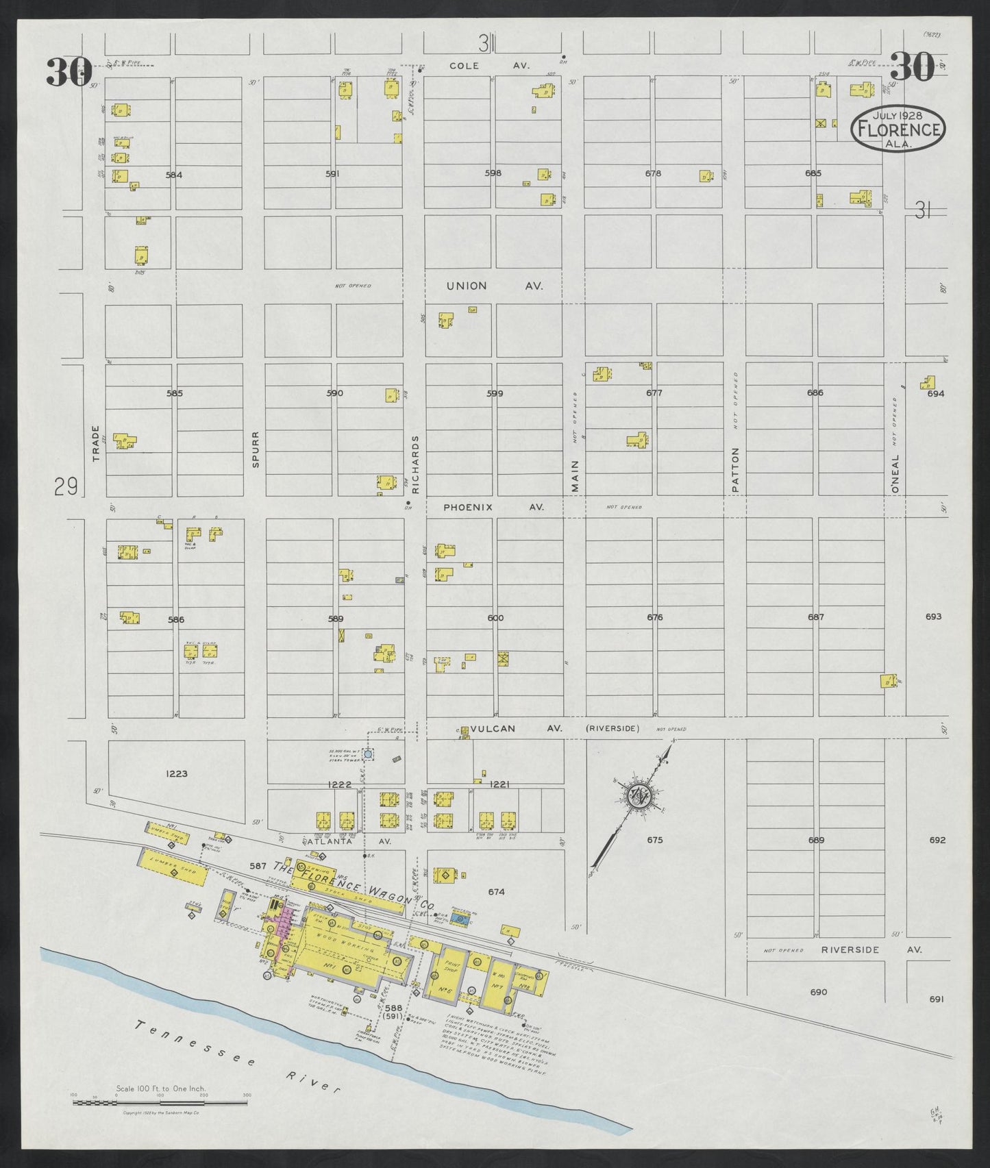 Sanborn Fire Insurance Map from Florence, Lauderdale County, Alabama (1928), Sheet #0030 - Historic Sanborn Fire Insurance Map Print, vintage old map wall art, antique decor, genealogy gift, Alabama Alabama map