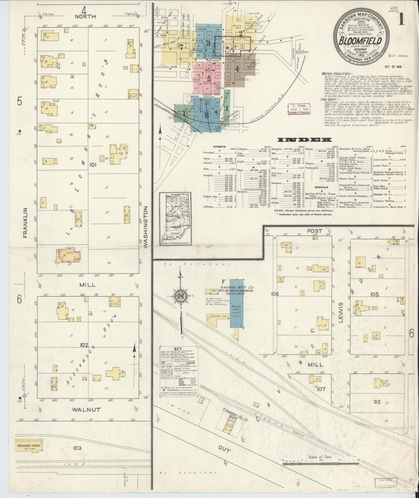 Sanborn Fire Insurance Map from Bloomfield, Greene County, Indiana (1913), Sheet #0001 - Complete Map Set gallery image, historic Sanborn map, vintage wall art, Indiana Indiana