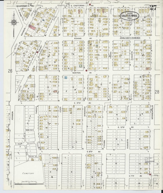 Sanborn Fire Insurance Map from Sault Sainte Marie, Chippewa County, Michigan (1915), Sheet #0027 - Historic Sanborn Fire Insurance Map Print, vintage old map wall art, antique decor, genealogy gift, Michigan Michigan map