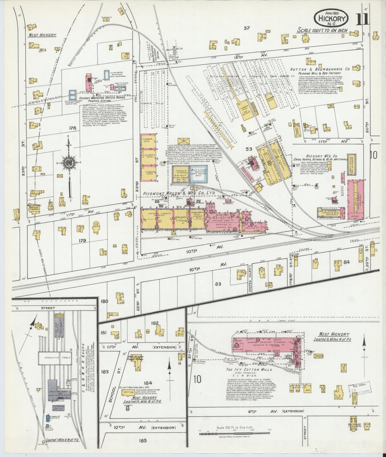 Sanborn Fire Insurance Map from Hickory, Catawba County, North Carolina (1919), Sheet #0011 - Historic Sanborn Fire Insurance Map Print, vintage old map wall art, antique decor, genealogy gift, North Carolina North Carolina map