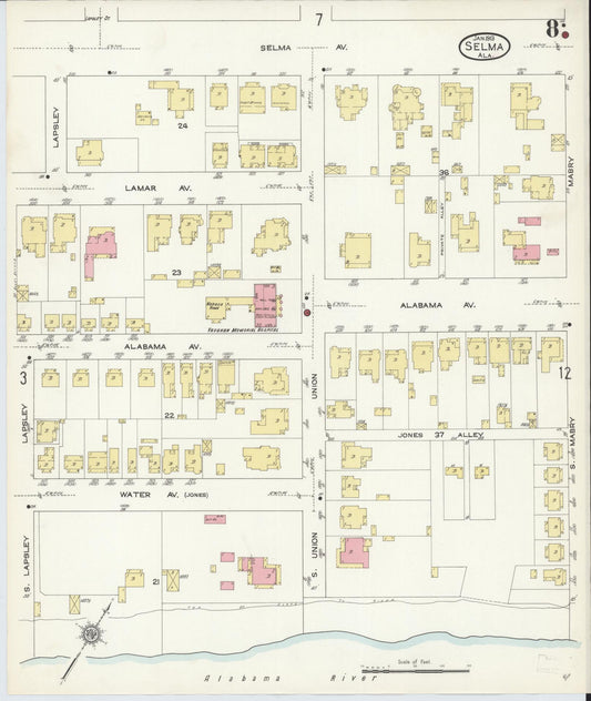 Sanborn Fire Insurance Map from Selma, Dallas County, Alabama (1913), Sheet #0008 - Historic Sanborn Fire Insurance Map Print, vintage old map wall art, antique decor, genealogy gift, Alabama Alabama map